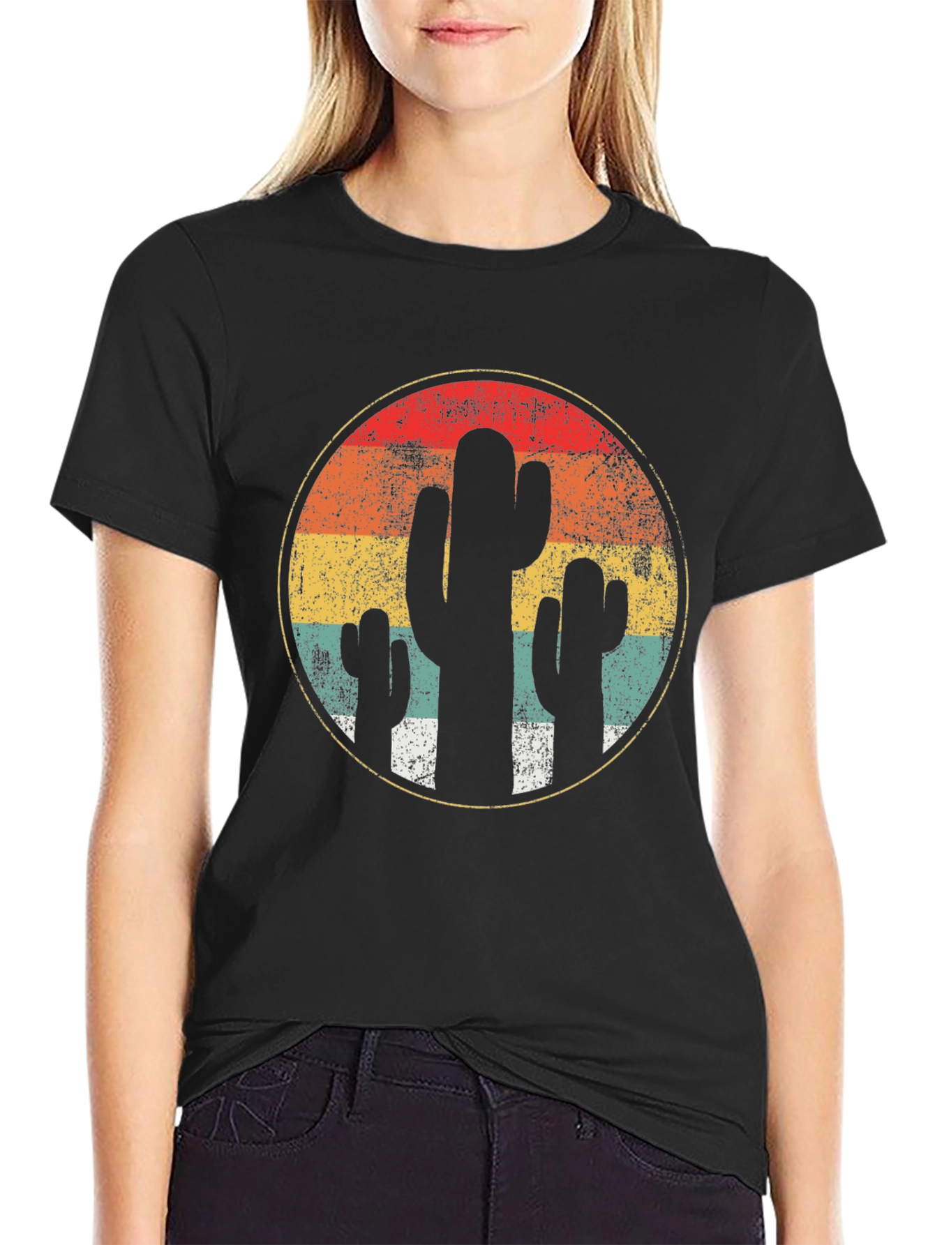 Retro Cactus Sunset T-Shirt - Desert Vibes