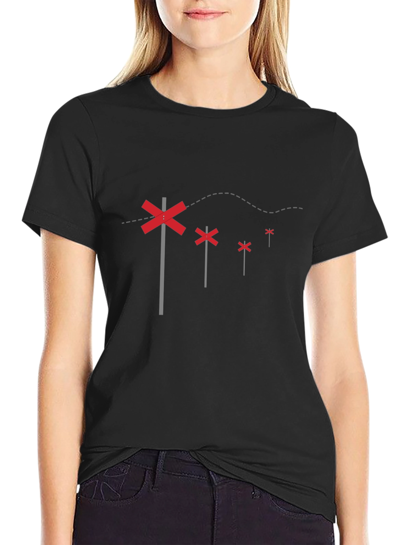 Black T-Shirt with Railroad Crossing Sign Design