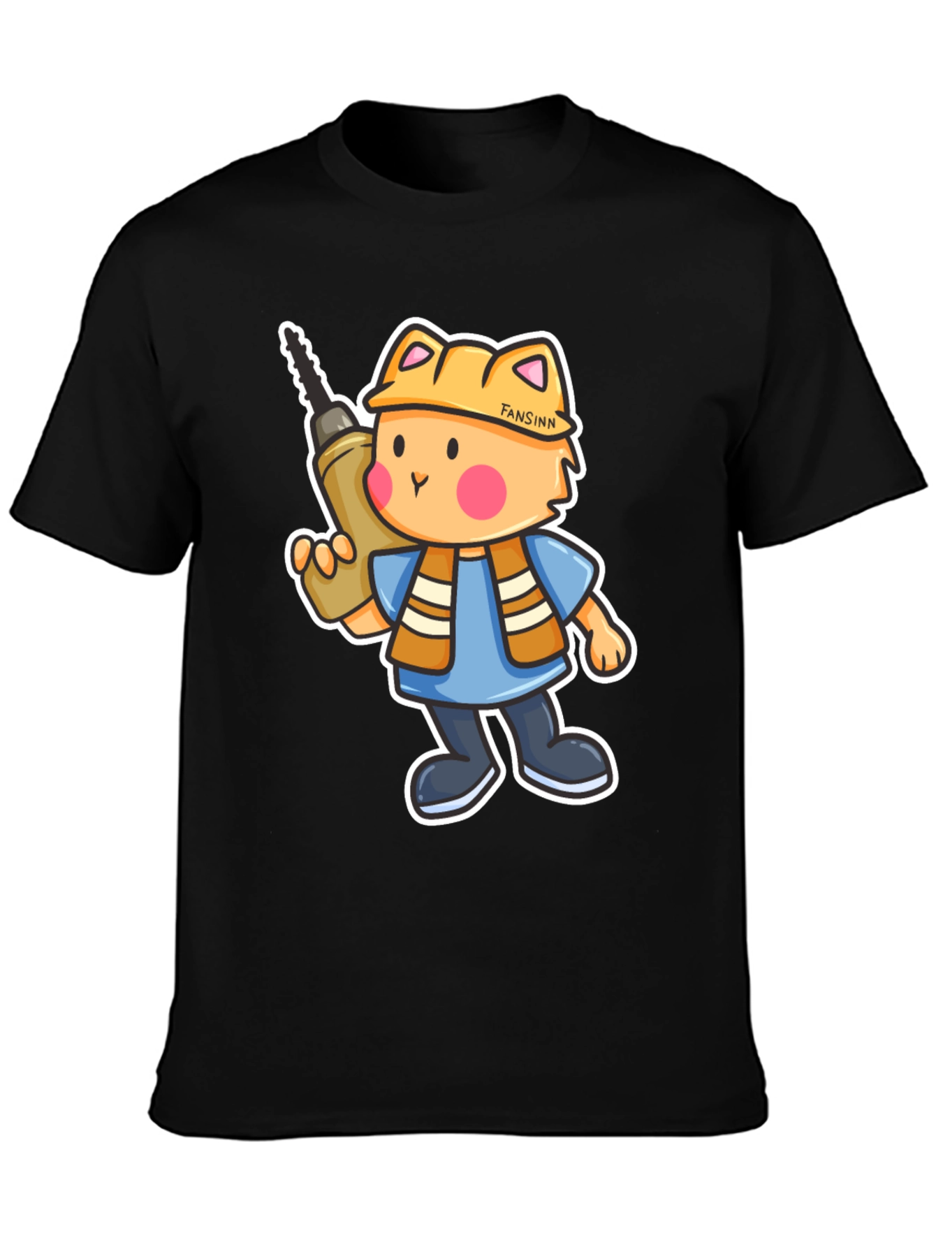 Cartoon Builder Cat Black T-Shirt