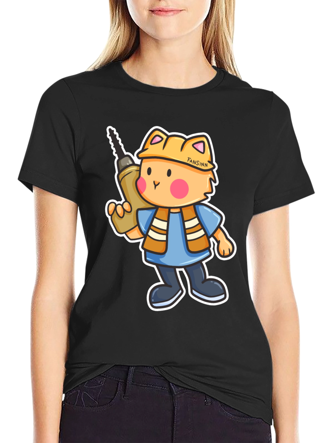 Cartoon Builder Cat Black T-Shirt