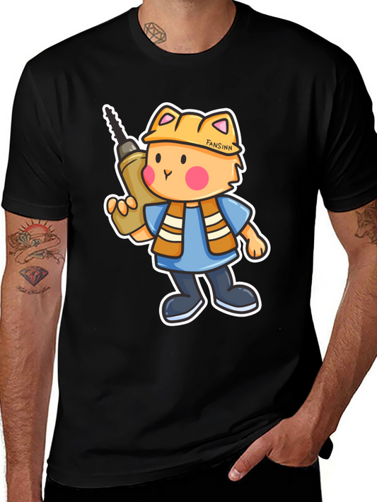 Cartoon Builder Cat Black T-Shirt