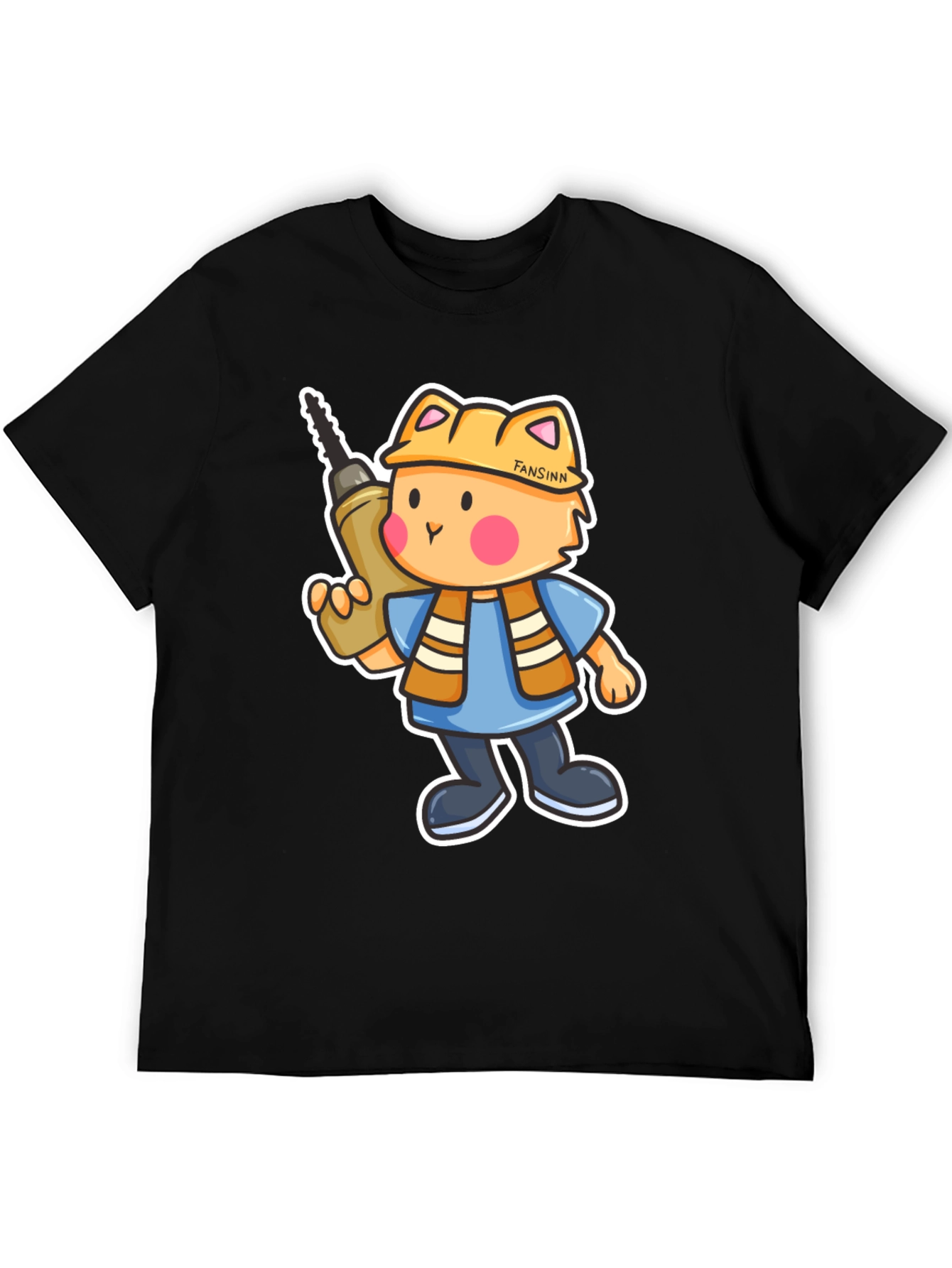 Cartoon Builder Cat Black T-Shirt