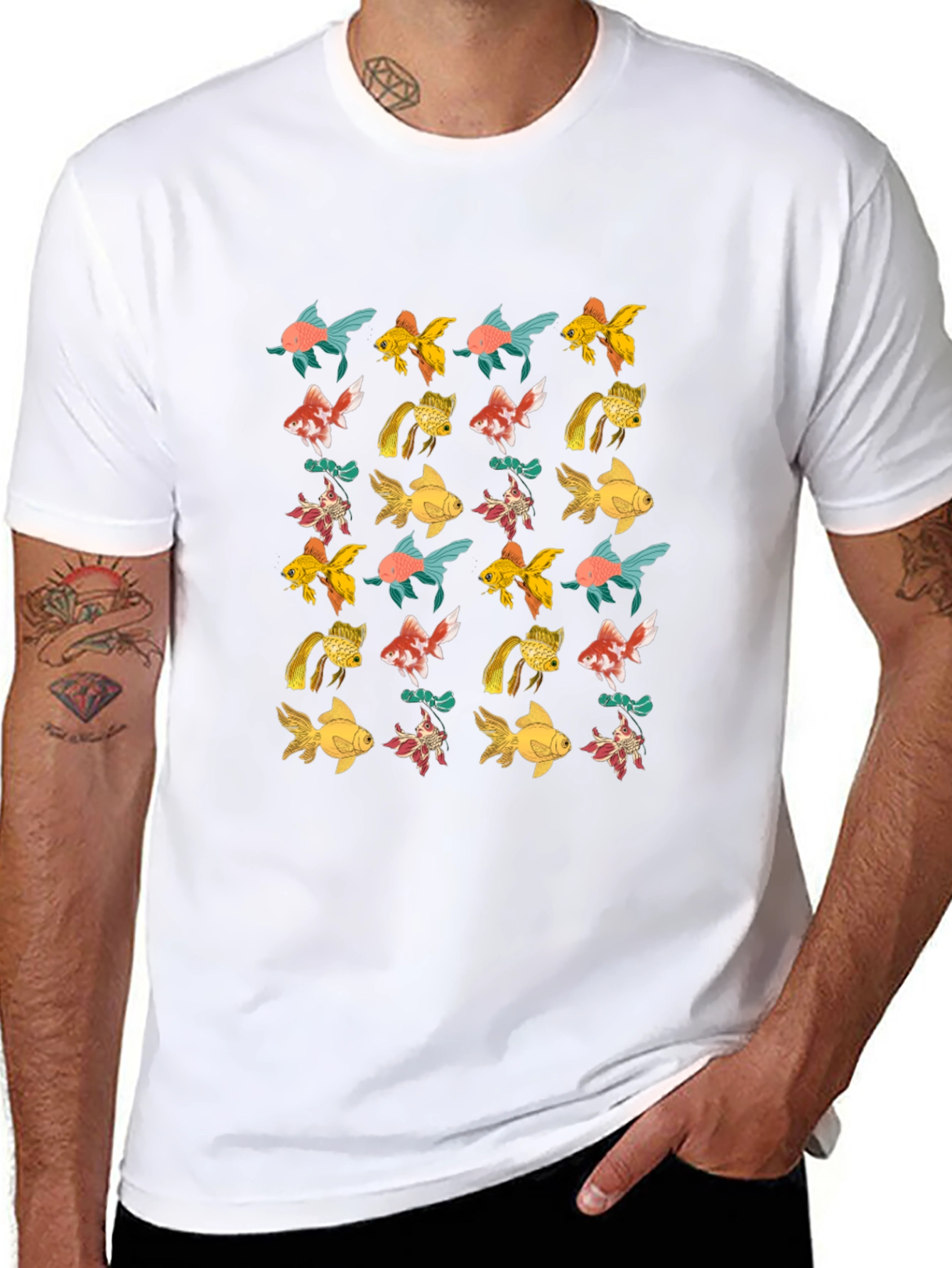 Black T-Shirt with Goldfish Pattern