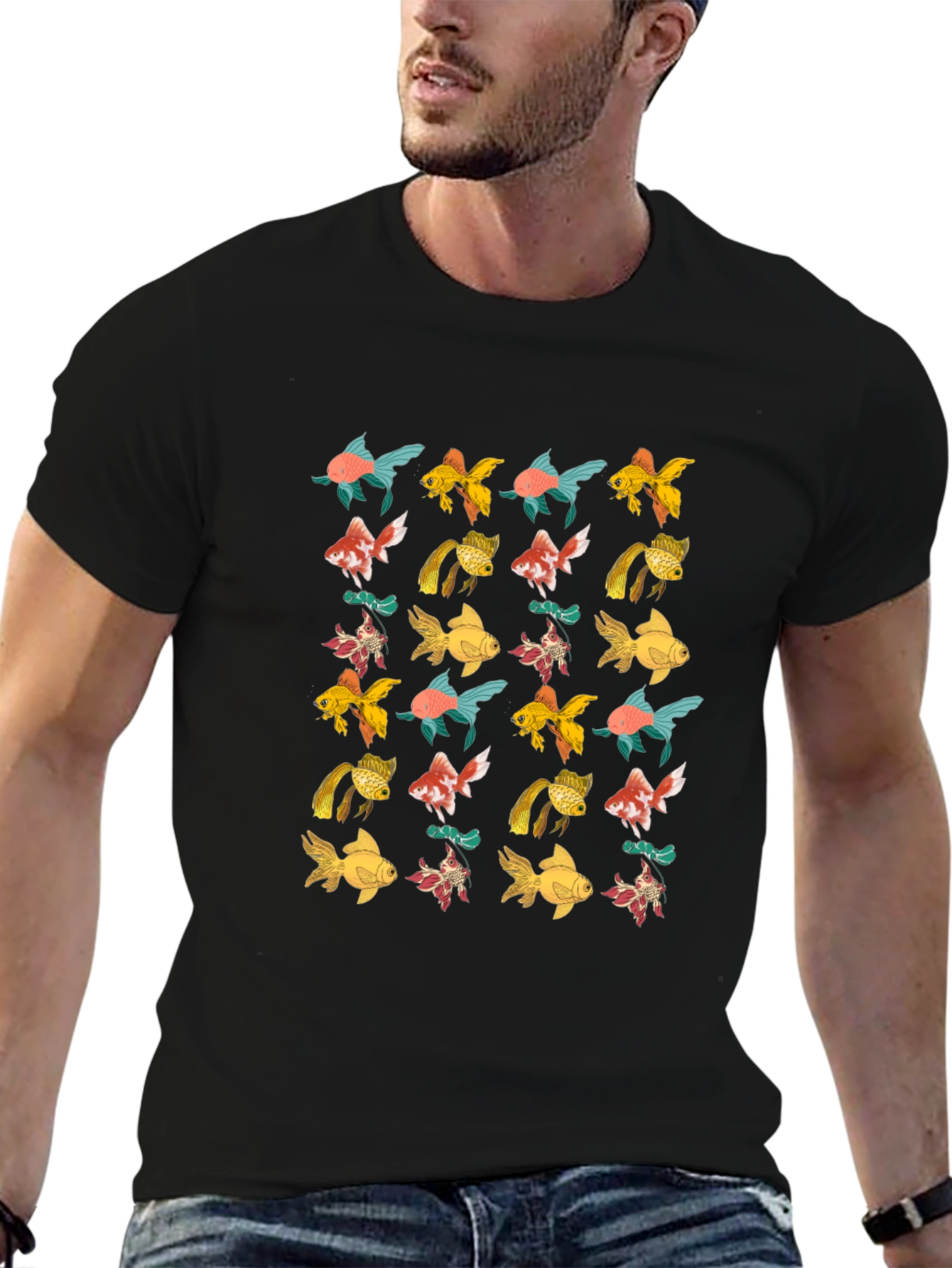 Black T-Shirt with Goldfish Pattern
