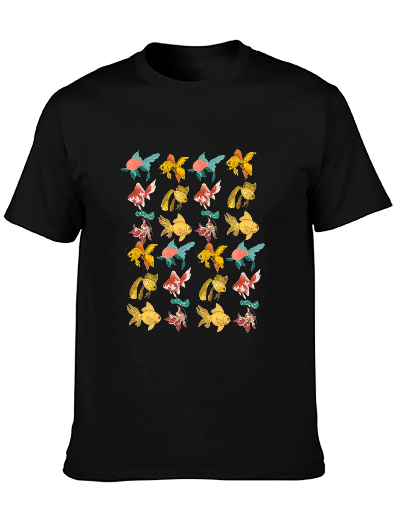 Black T-Shirt with Goldfish Pattern