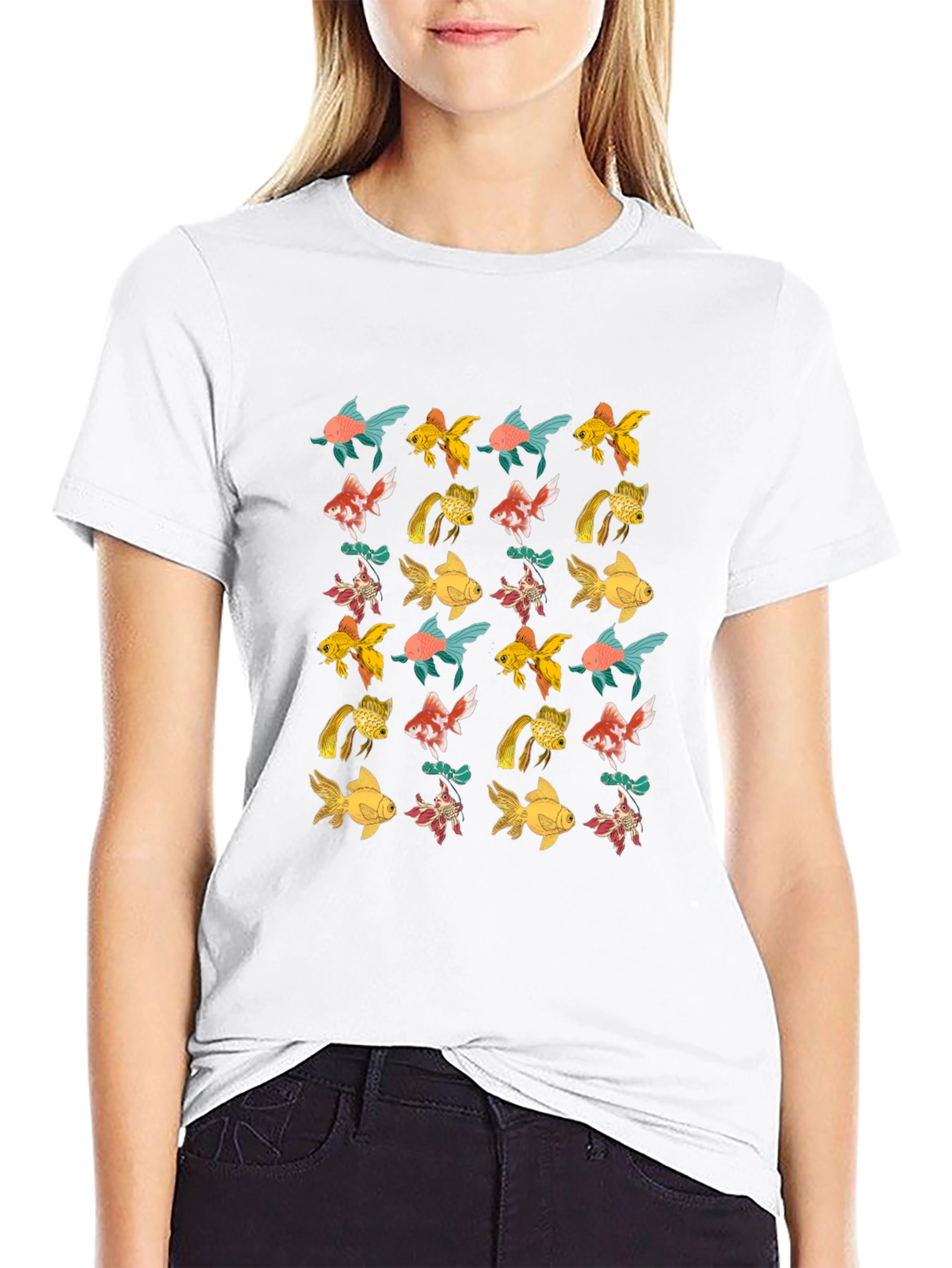 Black T-Shirt with Goldfish Pattern