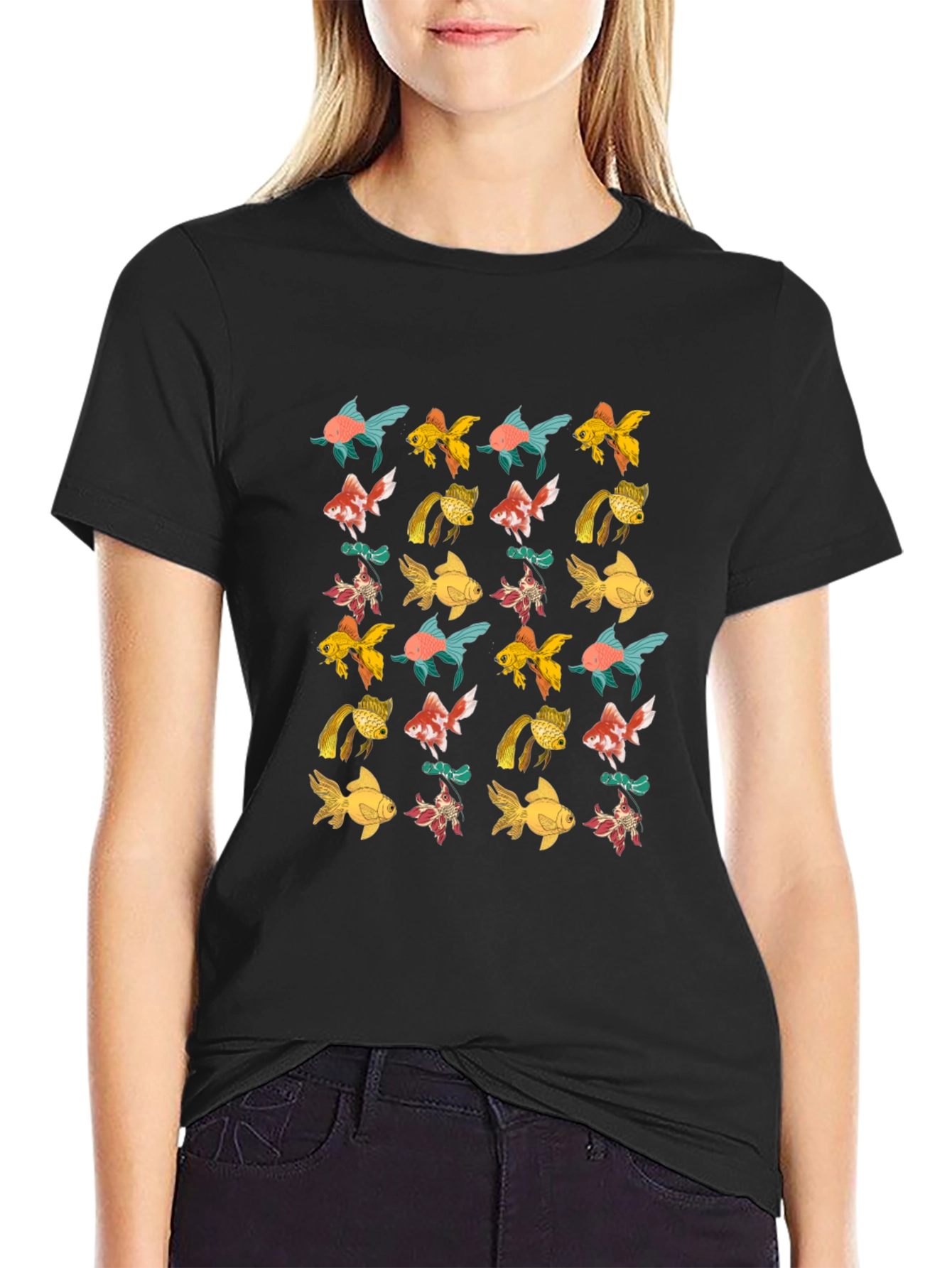 Black T-Shirt with Goldfish Pattern