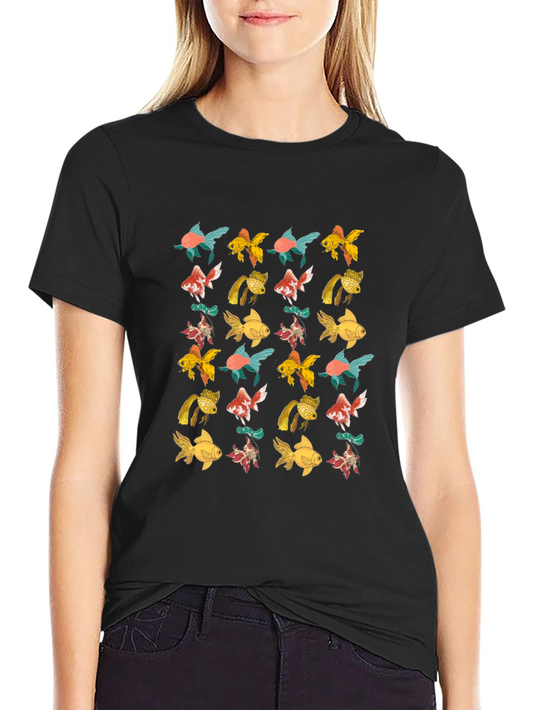 Black T-Shirt with Goldfish Pattern