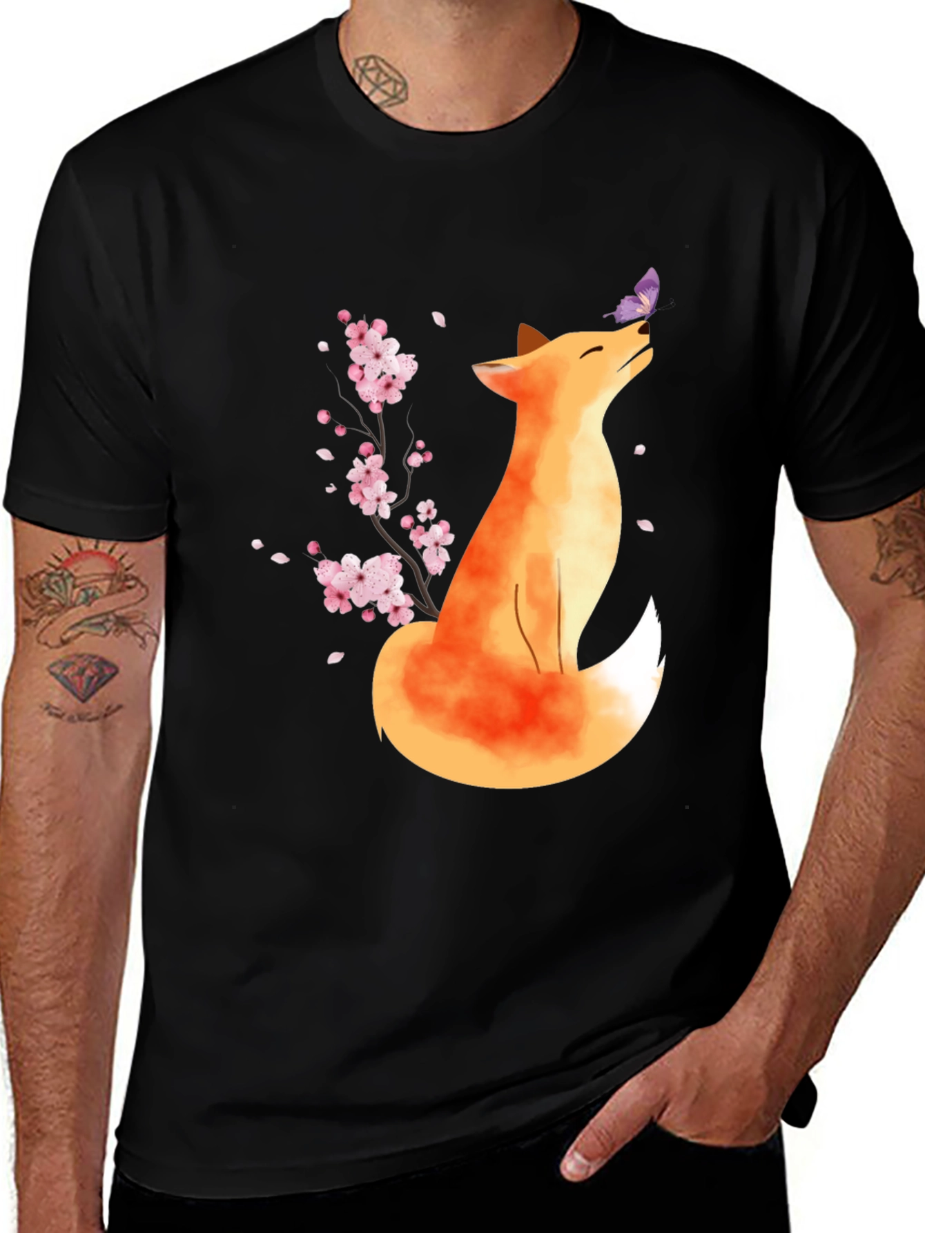 Fox and Butterfly Black T-Shirt