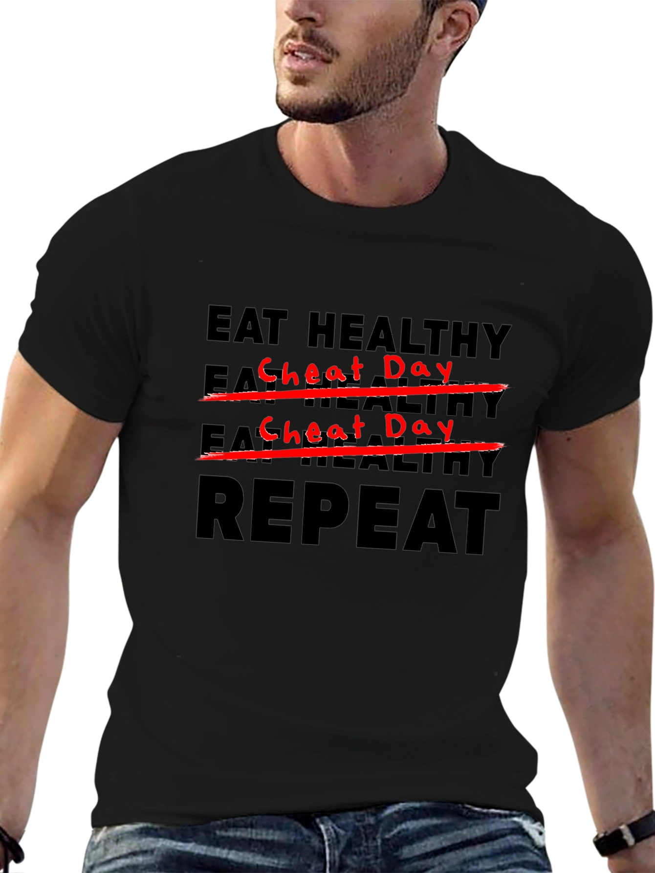 Eat Healthy Cheat Day Repeat Black T-Shirt
