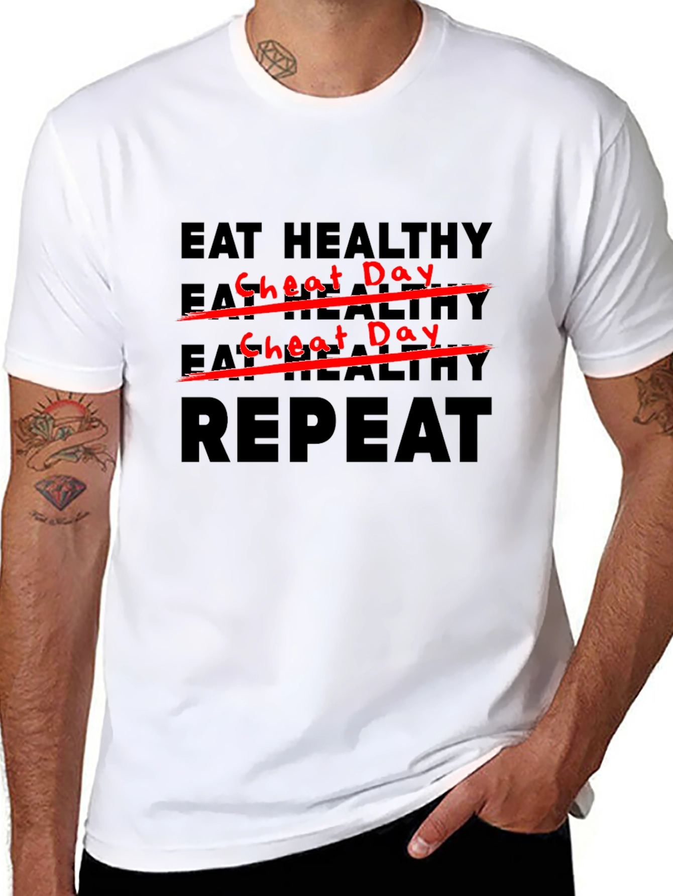 Eat Healthy Cheat Day Repeat Black T-Shirt