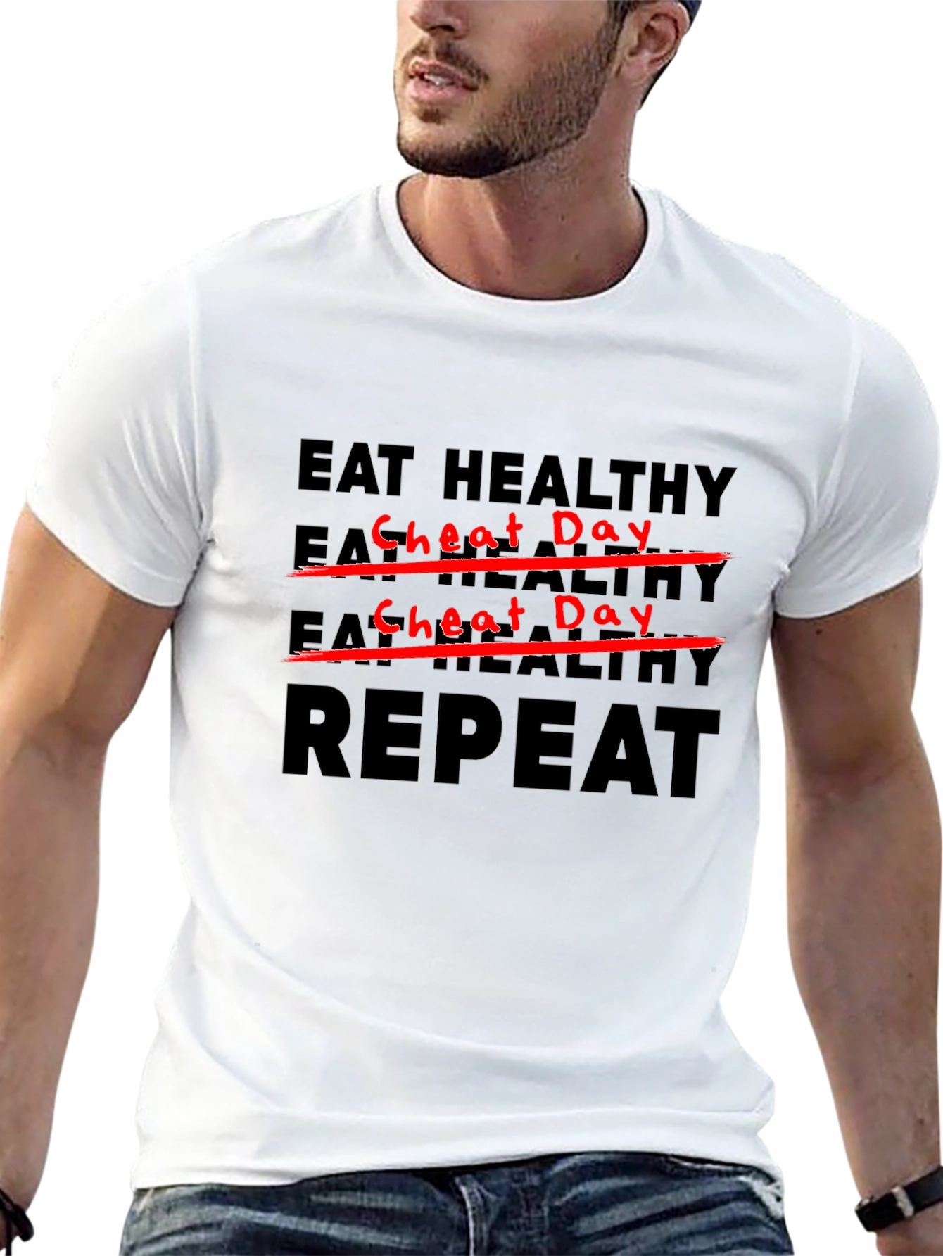 Eat Healthy Cheat Day Repeat Black T-Shirt