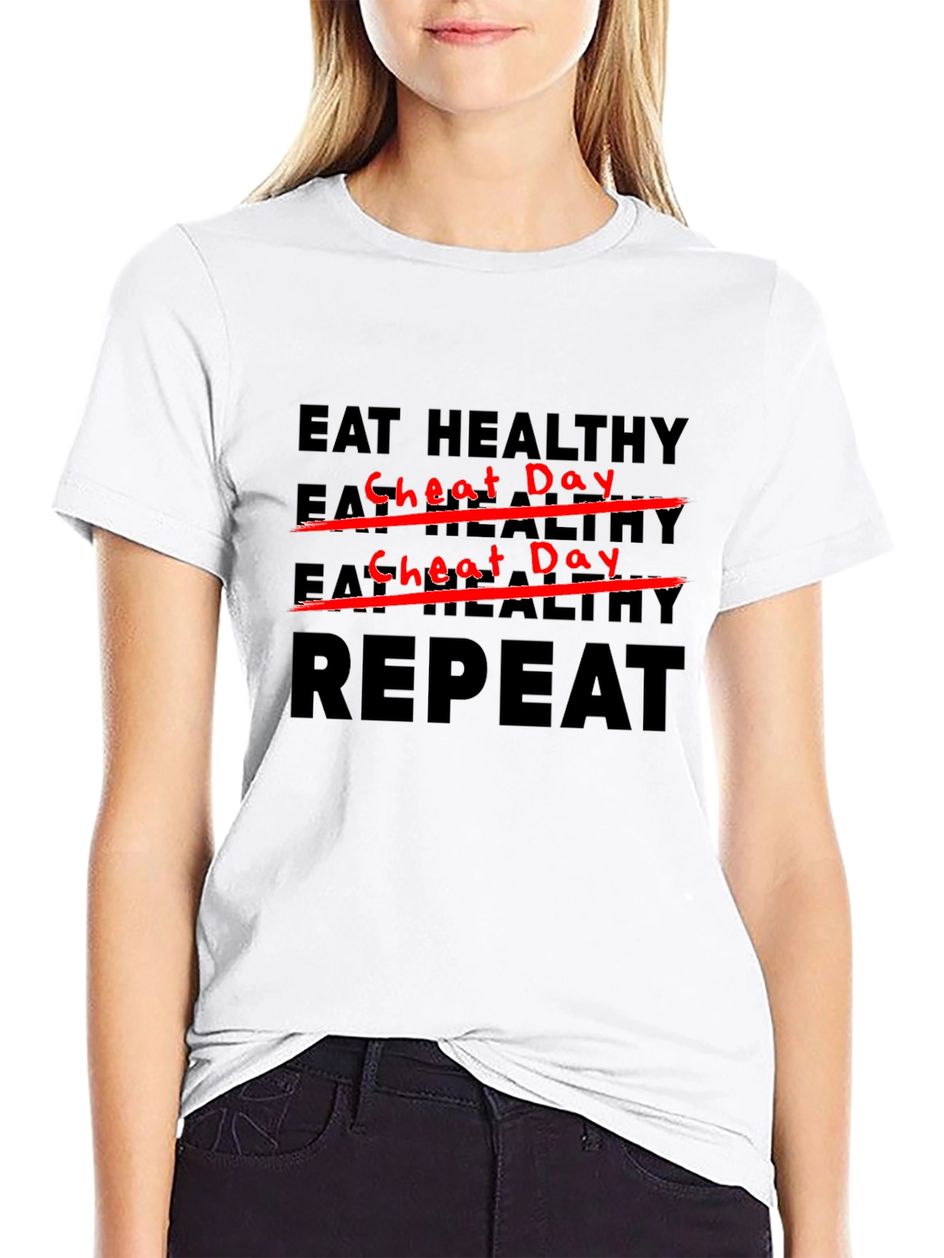 Eat Healthy Cheat Day Repeat Black T-Shirt