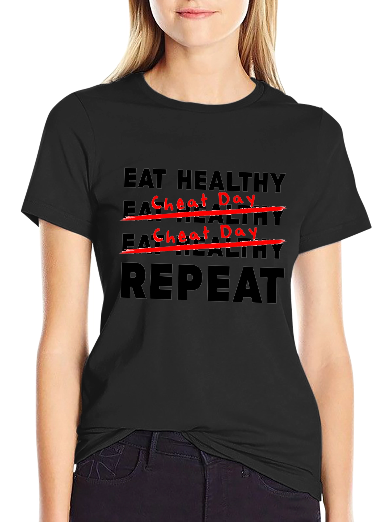 Eat Healthy Cheat Day Repeat Black T-Shirt