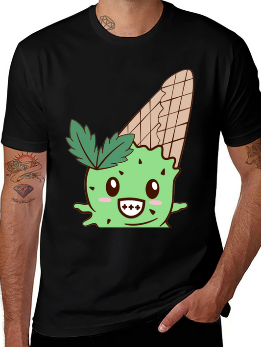 Cute Ice Cream Cactus Graphic Tee - Black