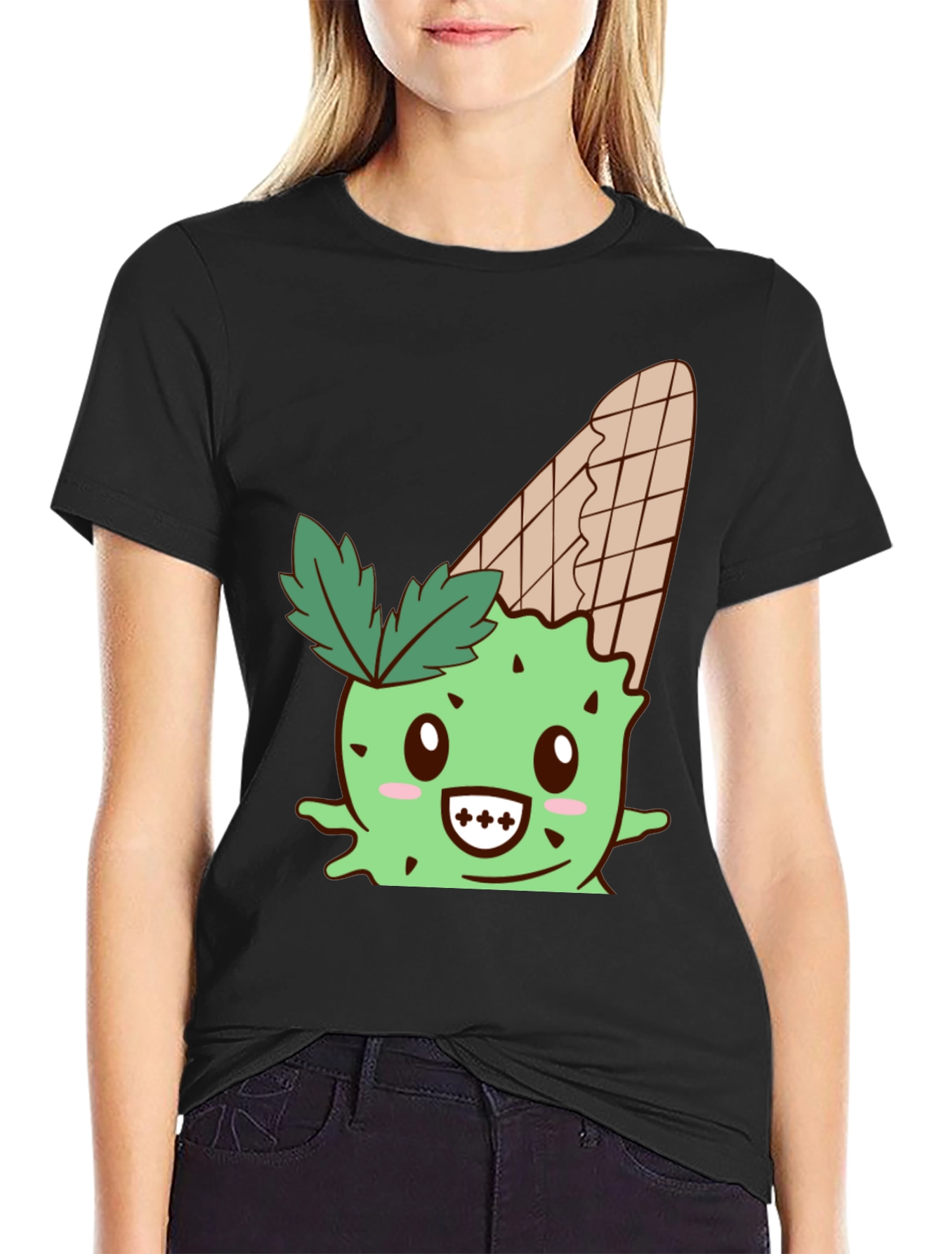 Cute Ice Cream Cactus Graphic Tee - Black