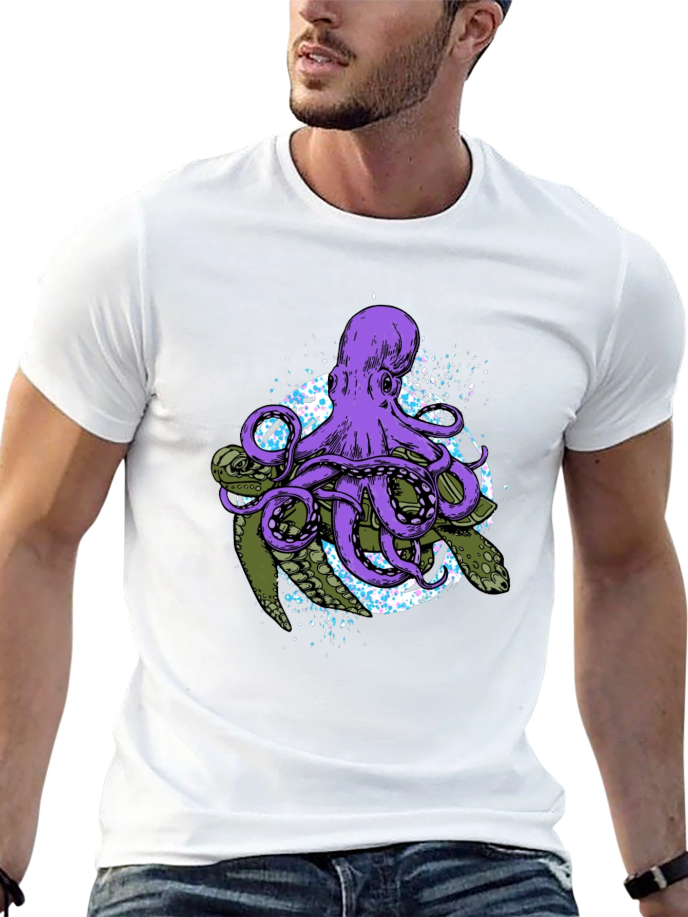 Octopus & Turtle Graphic Print Black T-Shirt