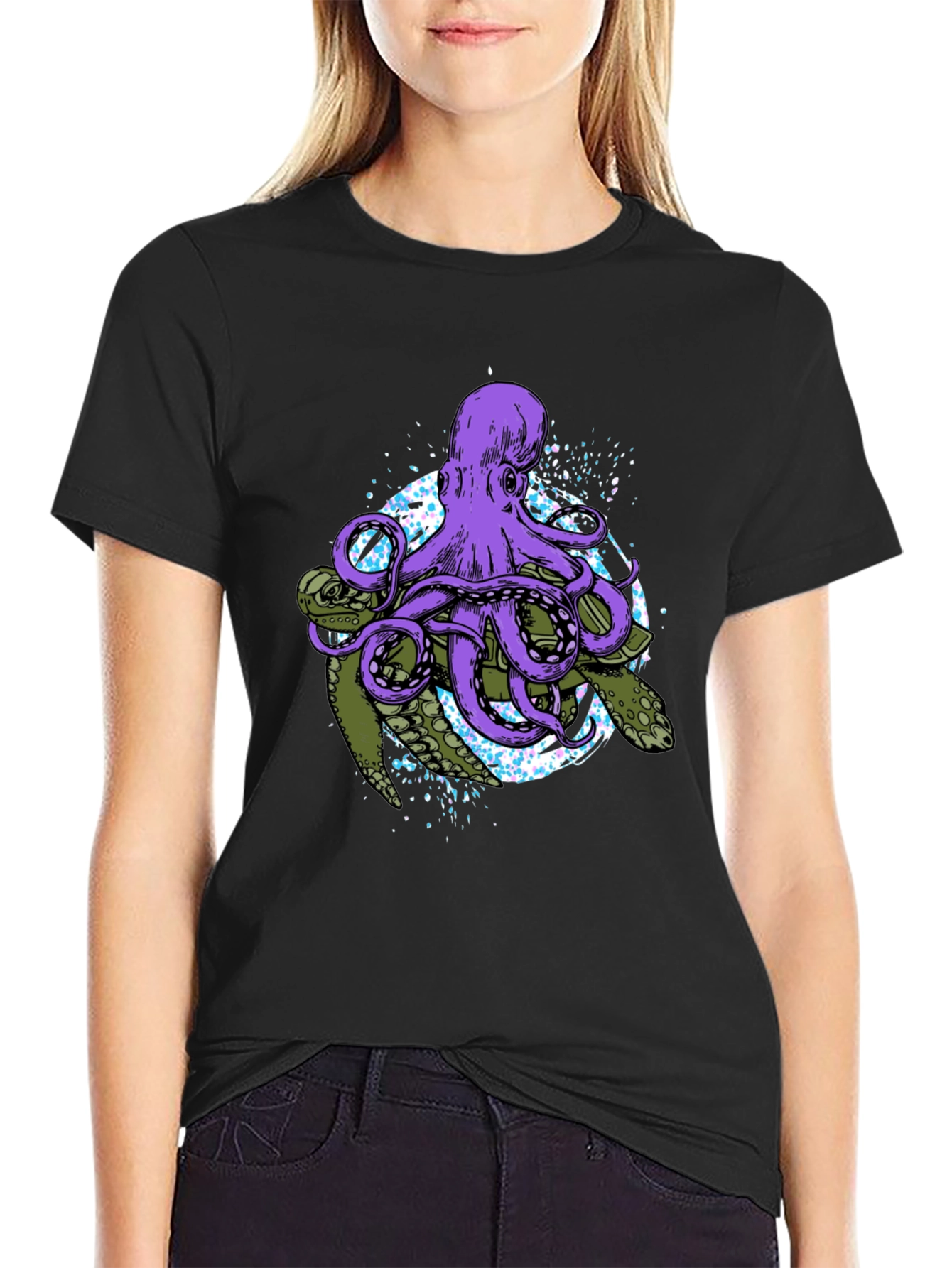 Octopus & Turtle Graphic Print Black T-Shirt