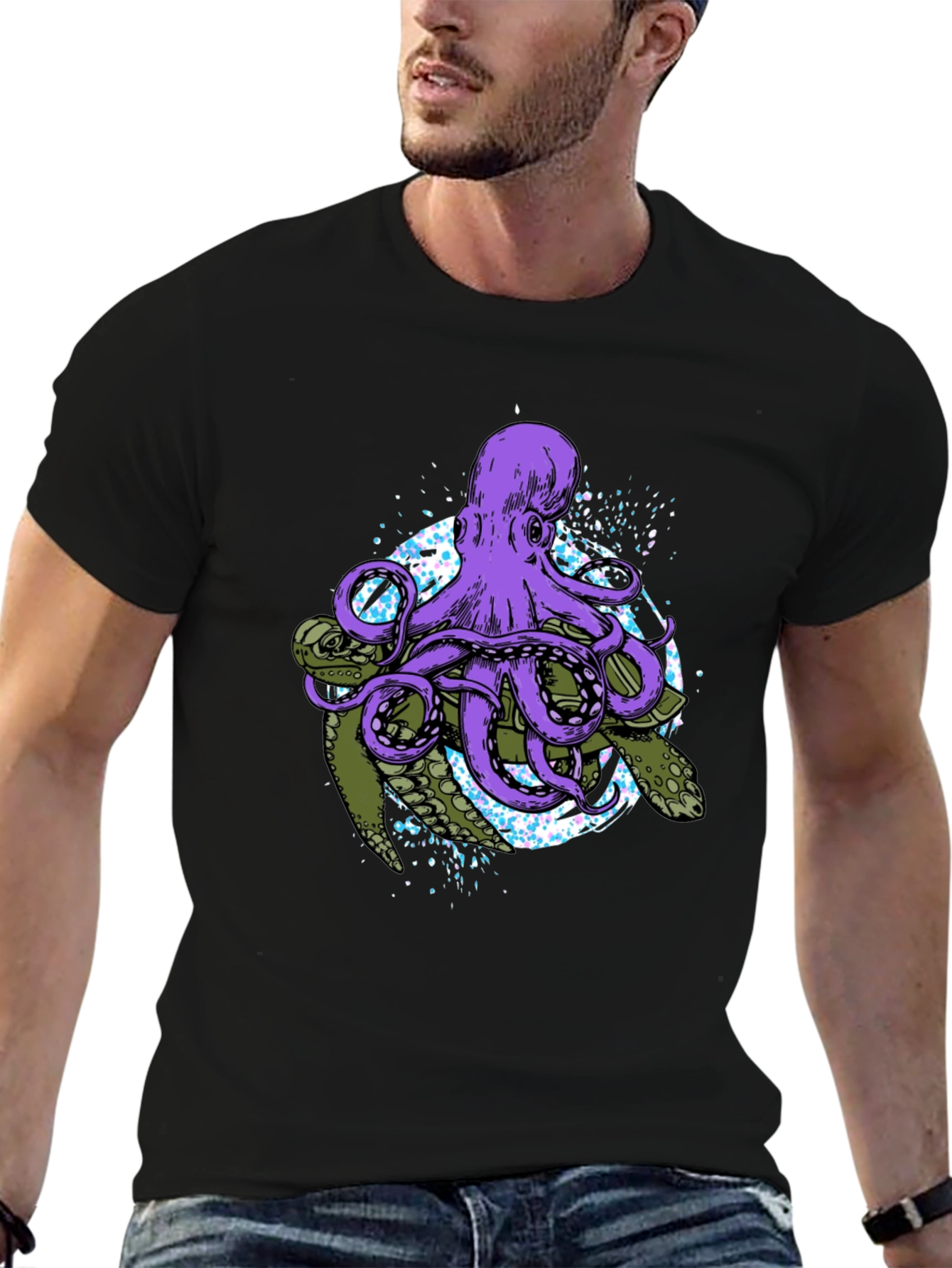 Octopus & Turtle Graphic Print Black T-Shirt
