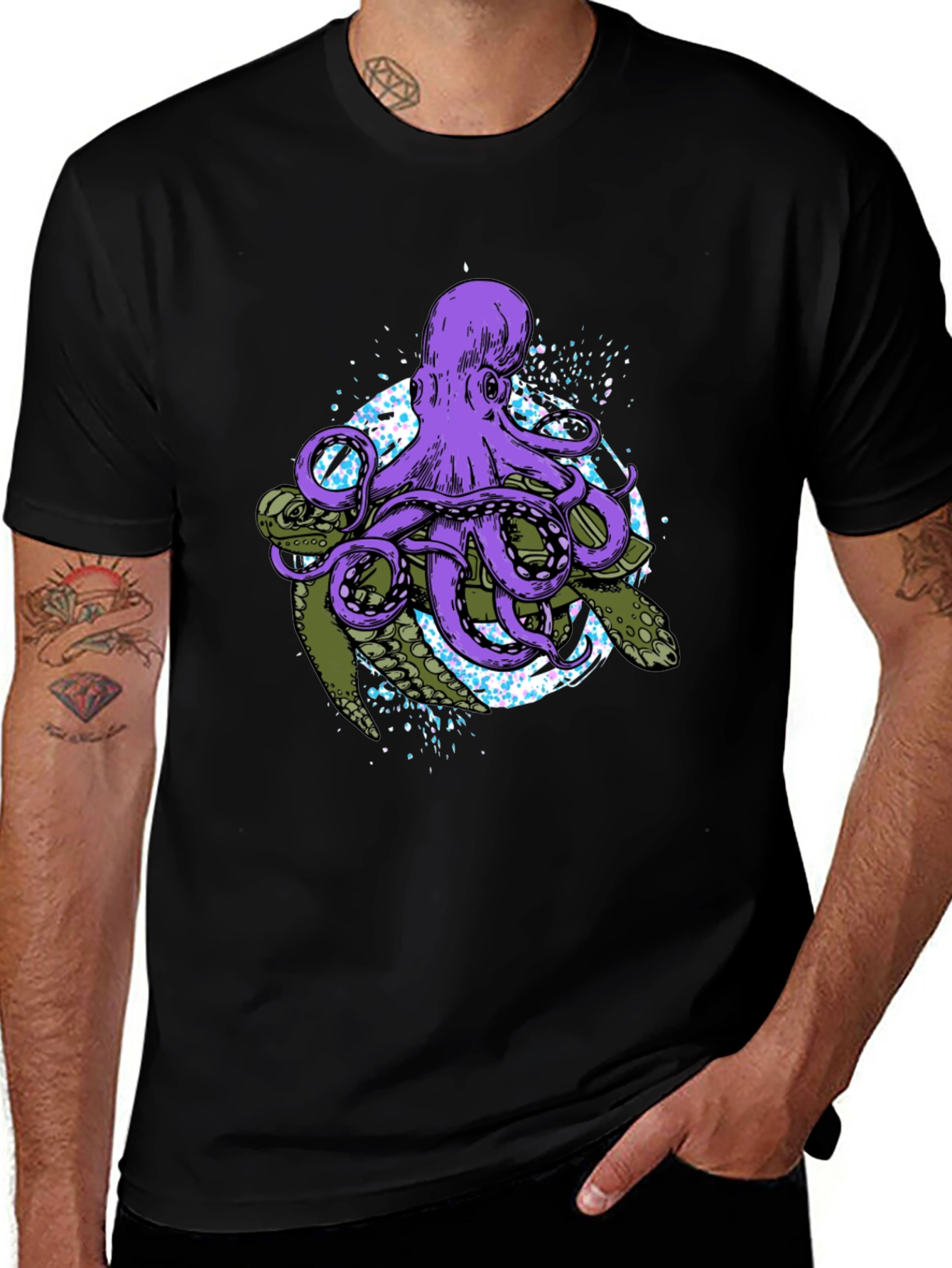 Octopus & Turtle Graphic Print Black T-Shirt