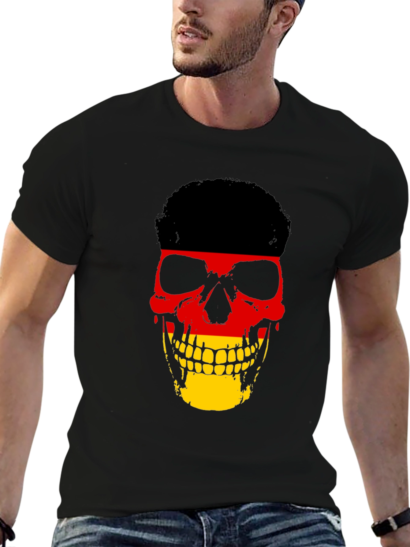 German Flag Skull Graphic Tee - Black Cotton T-Shirt
