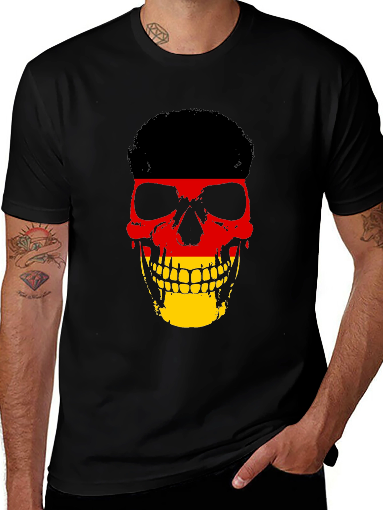 German Flag Skull Graphic Tee - Black Cotton T-Shirt