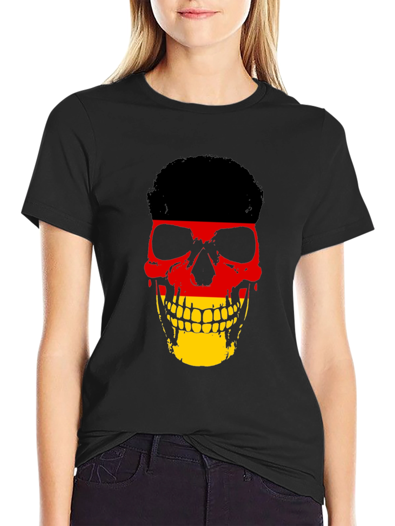 German Flag Skull Graphic Tee - Black Cotton T-Shirt