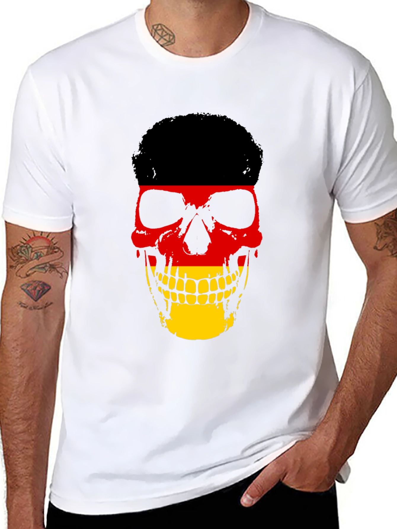 German Flag Skull Graphic Tee - Black Cotton T-Shirt