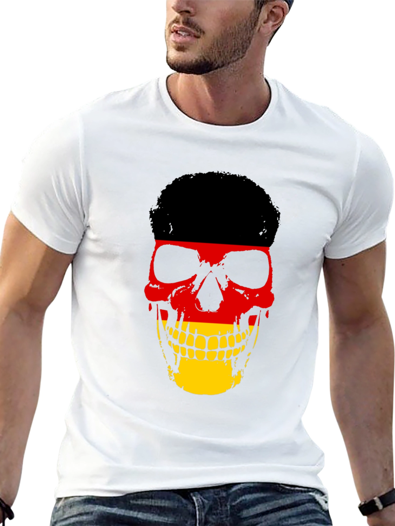German Flag Skull Graphic Tee - Black Cotton T-Shirt