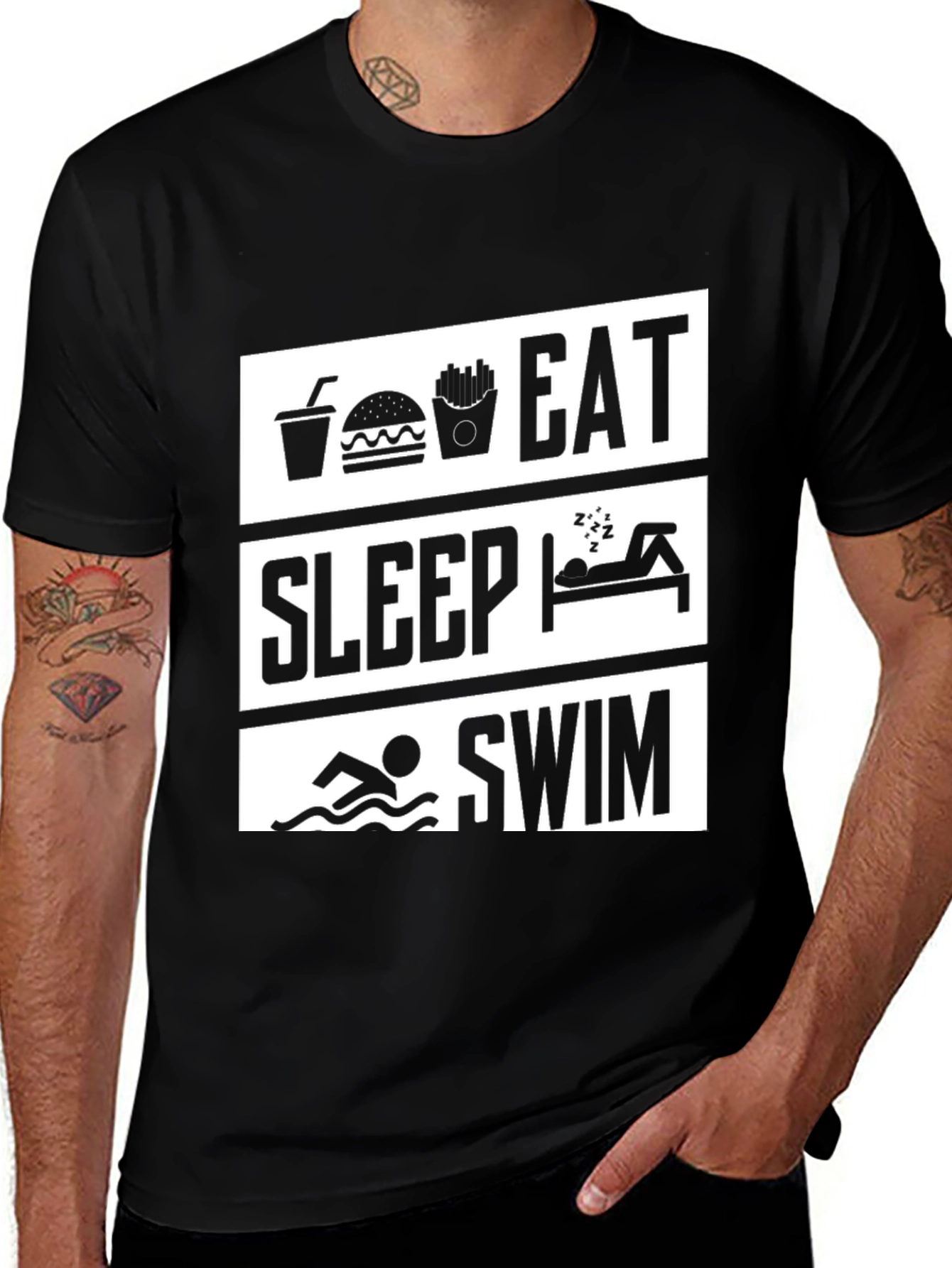 Eat Sleep Swim Graphic Tee - Black Cotton T-Shirt