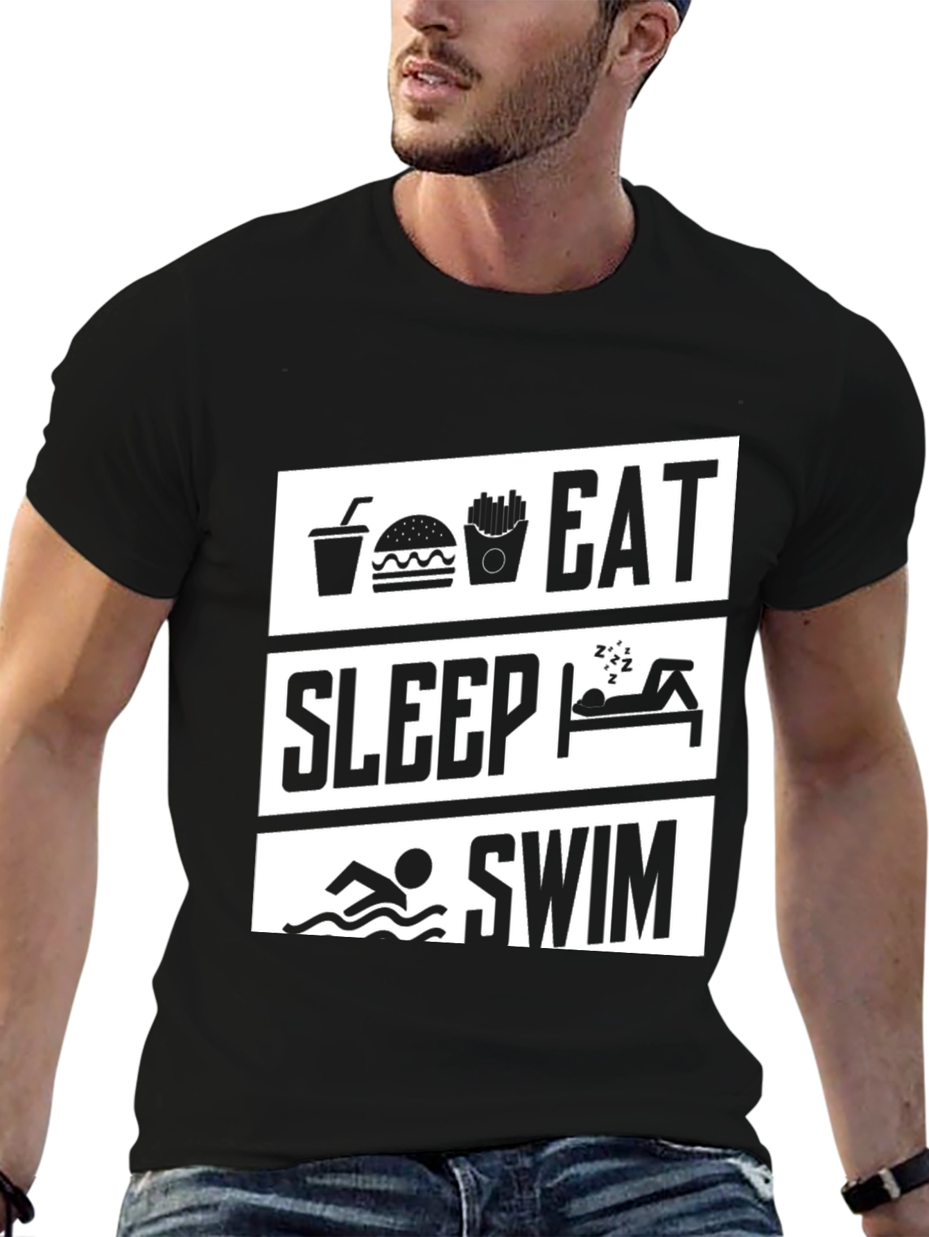 Eat Sleep Swim Graphic Tee - Black Cotton T-Shirt