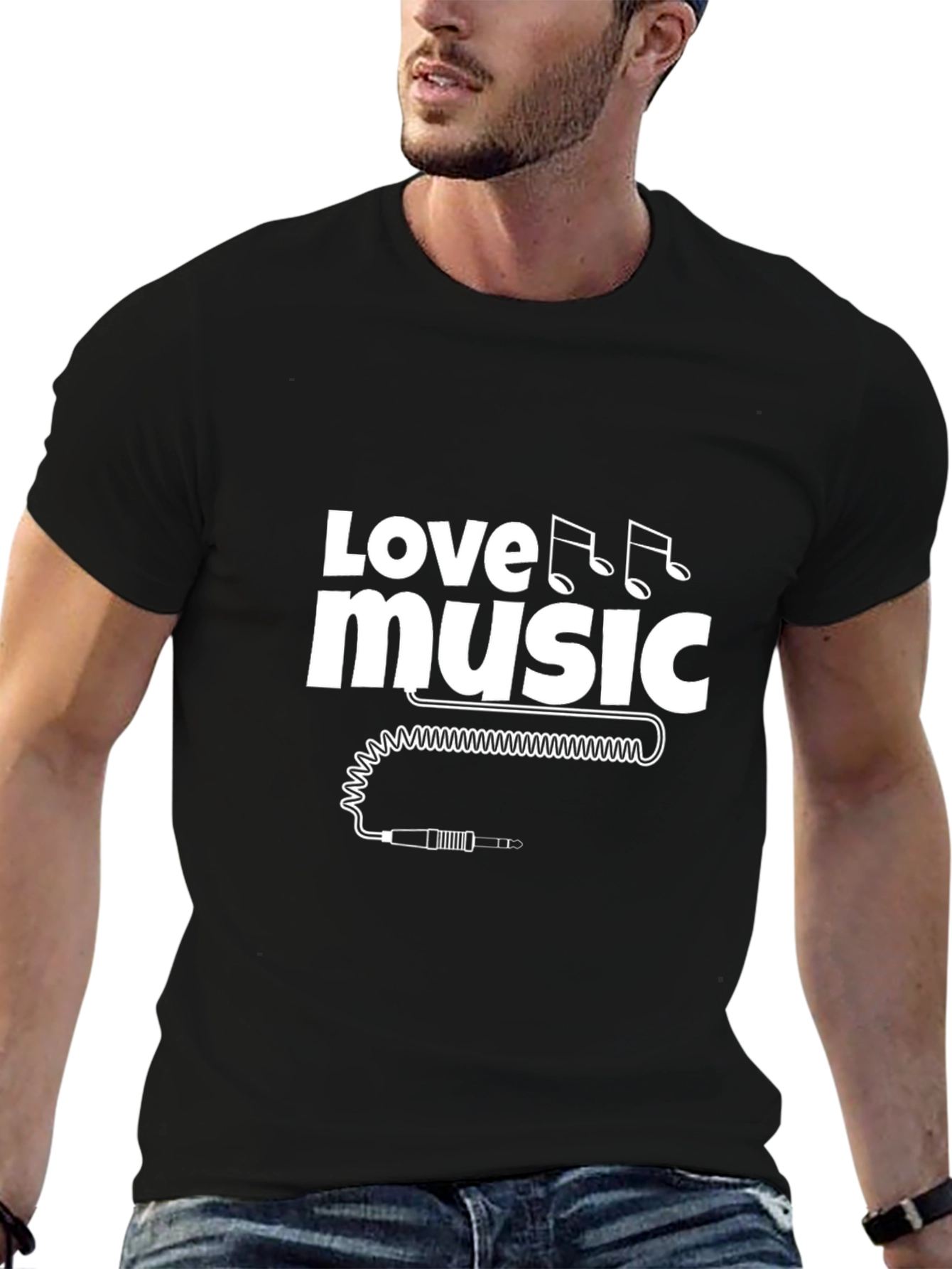 Love Music Black T-Shirt with Audio Jack Graphic