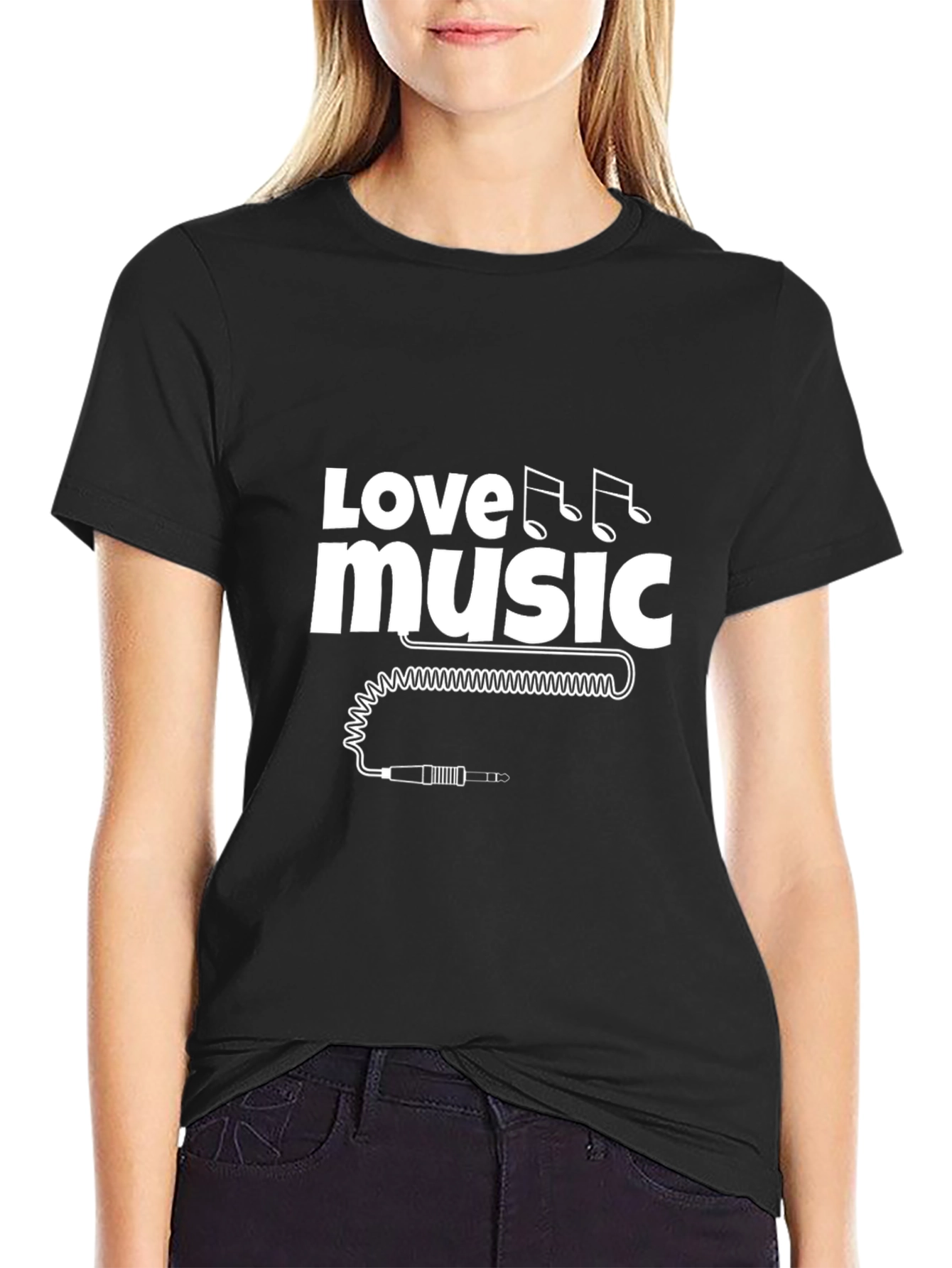 Love Music Black T-Shirt with Audio Jack Graphic