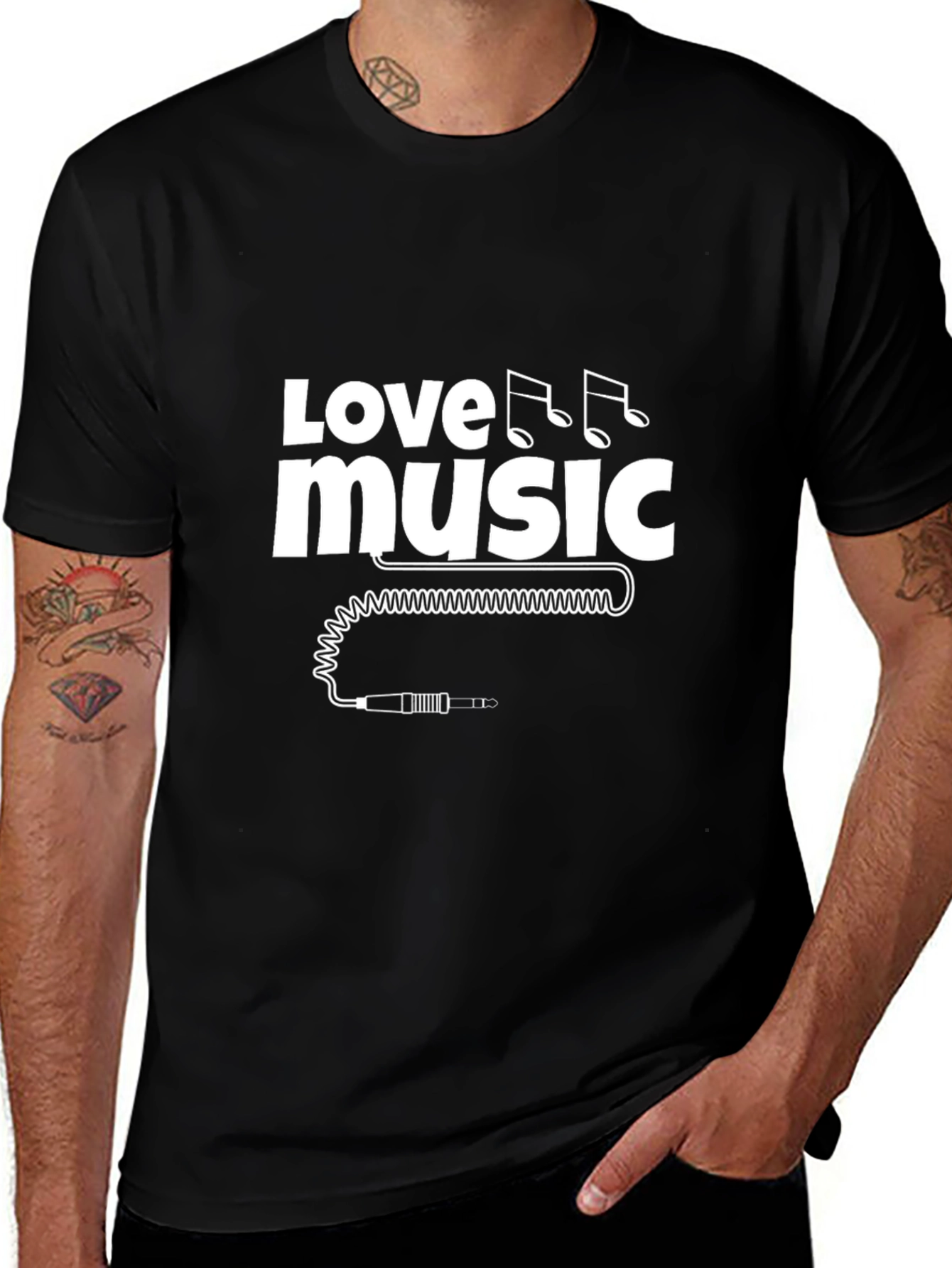 Love Music Black T-Shirt with Audio Jack Graphic