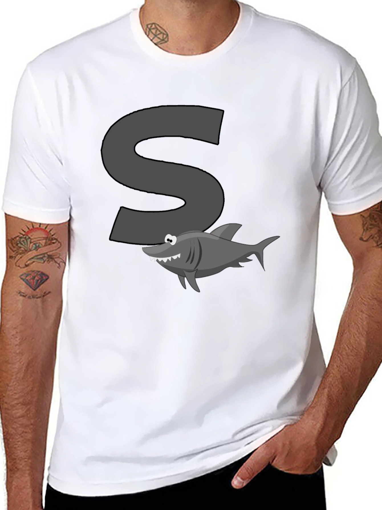Shark S Letter Cartoon Black T-Shirt