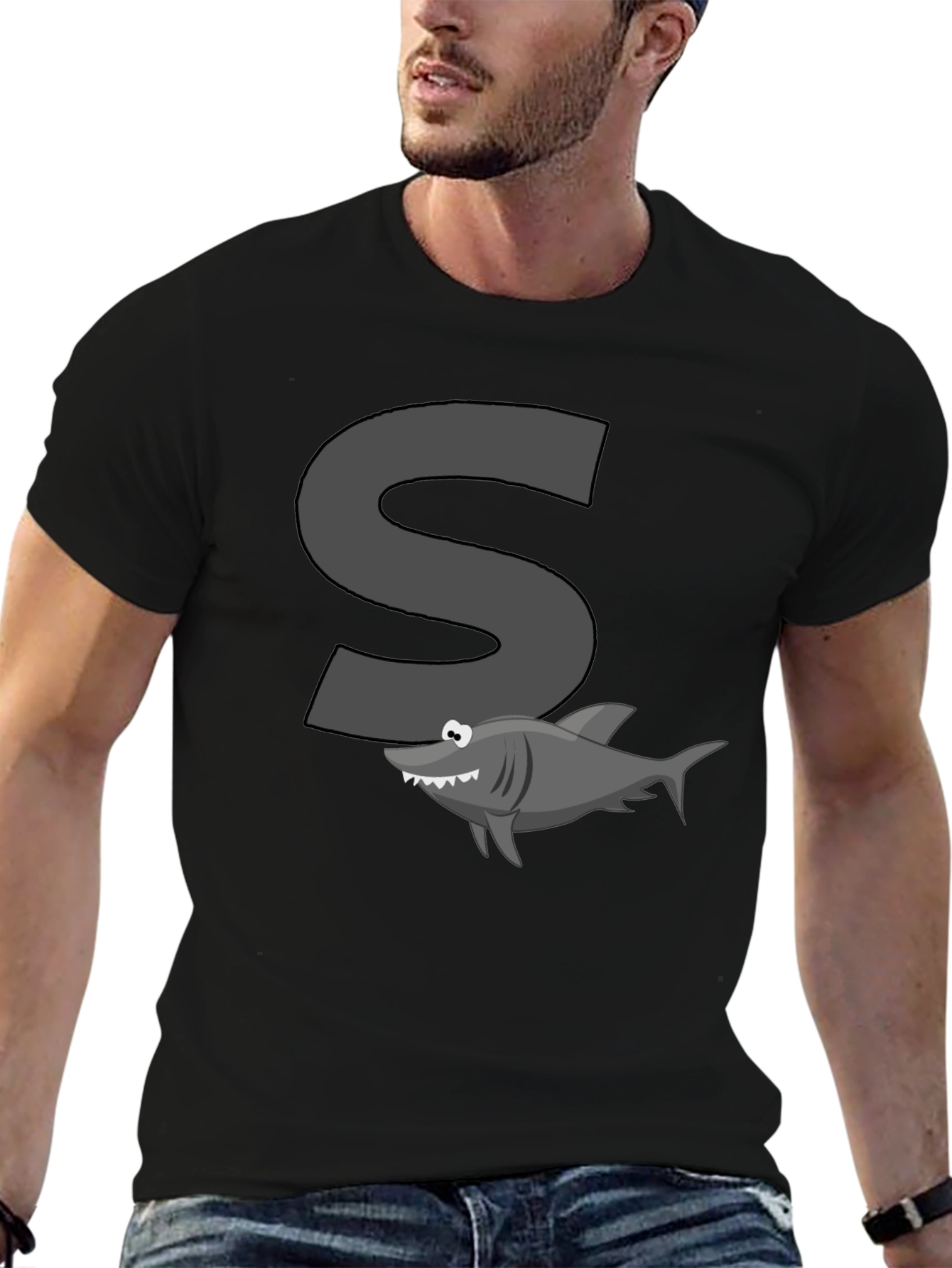 Shark S Letter Cartoon Black T-Shirt