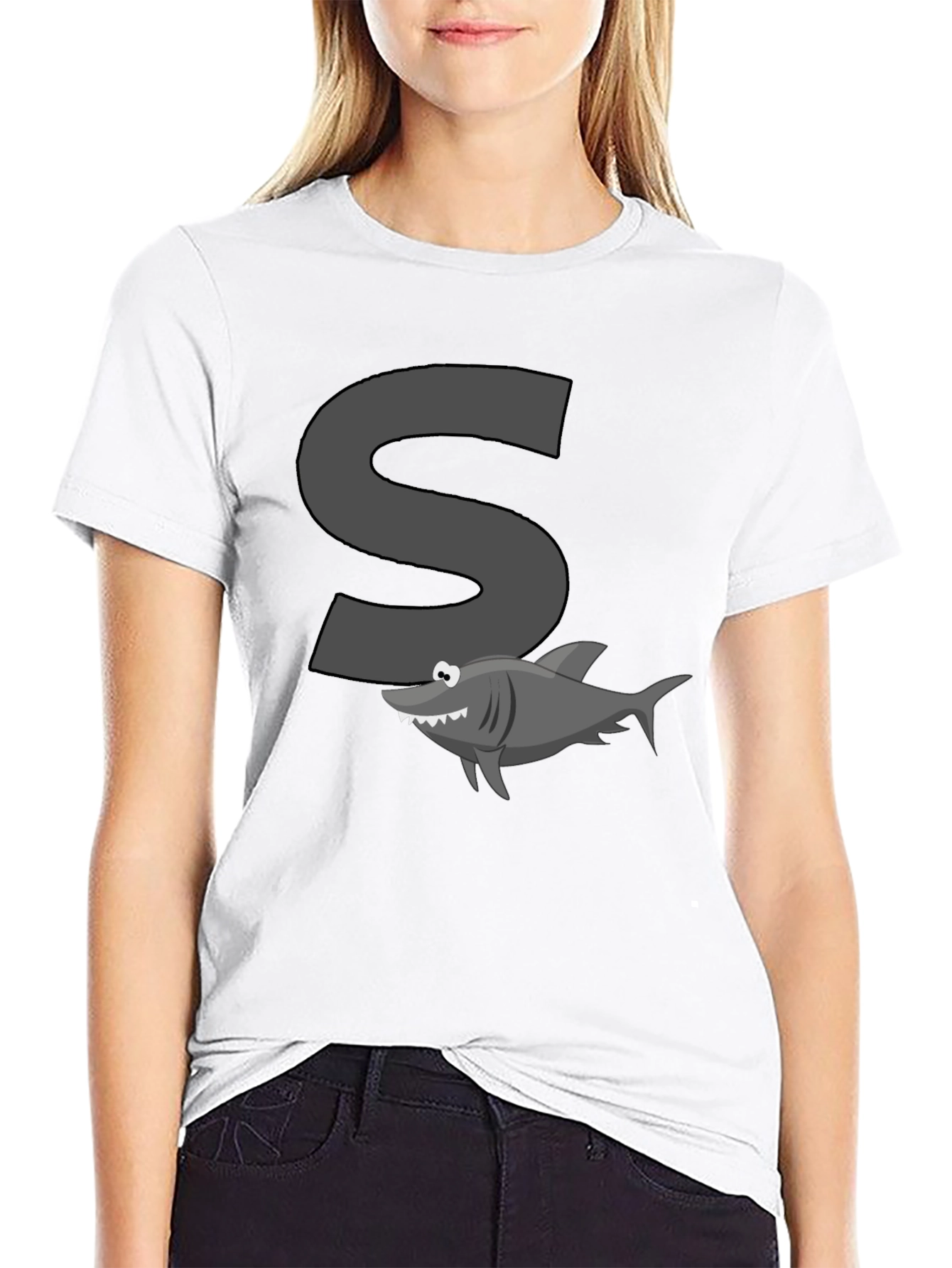 Shark S Letter Cartoon Black T-Shirt