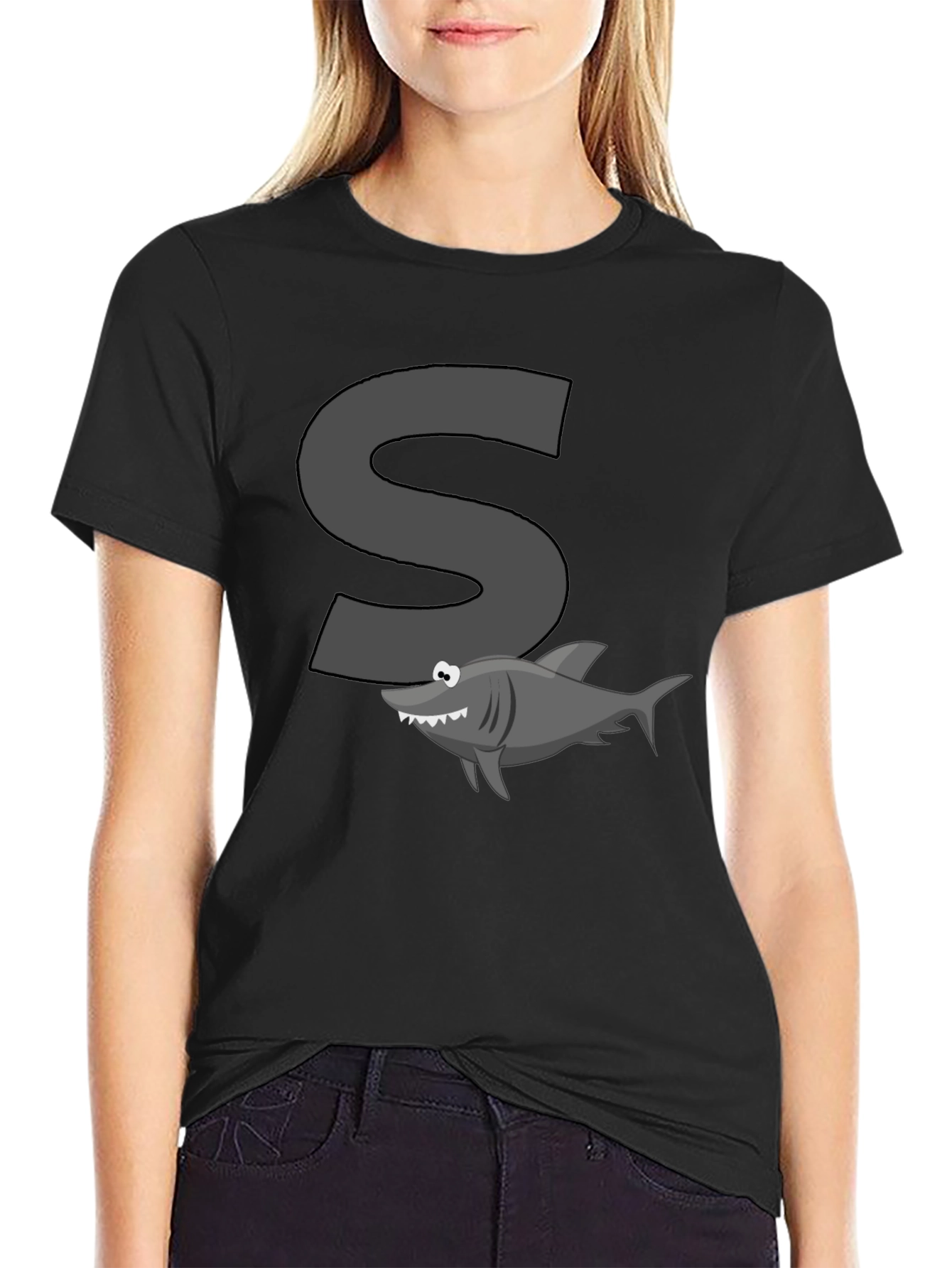 Shark S Letter Cartoon Black T-Shirt