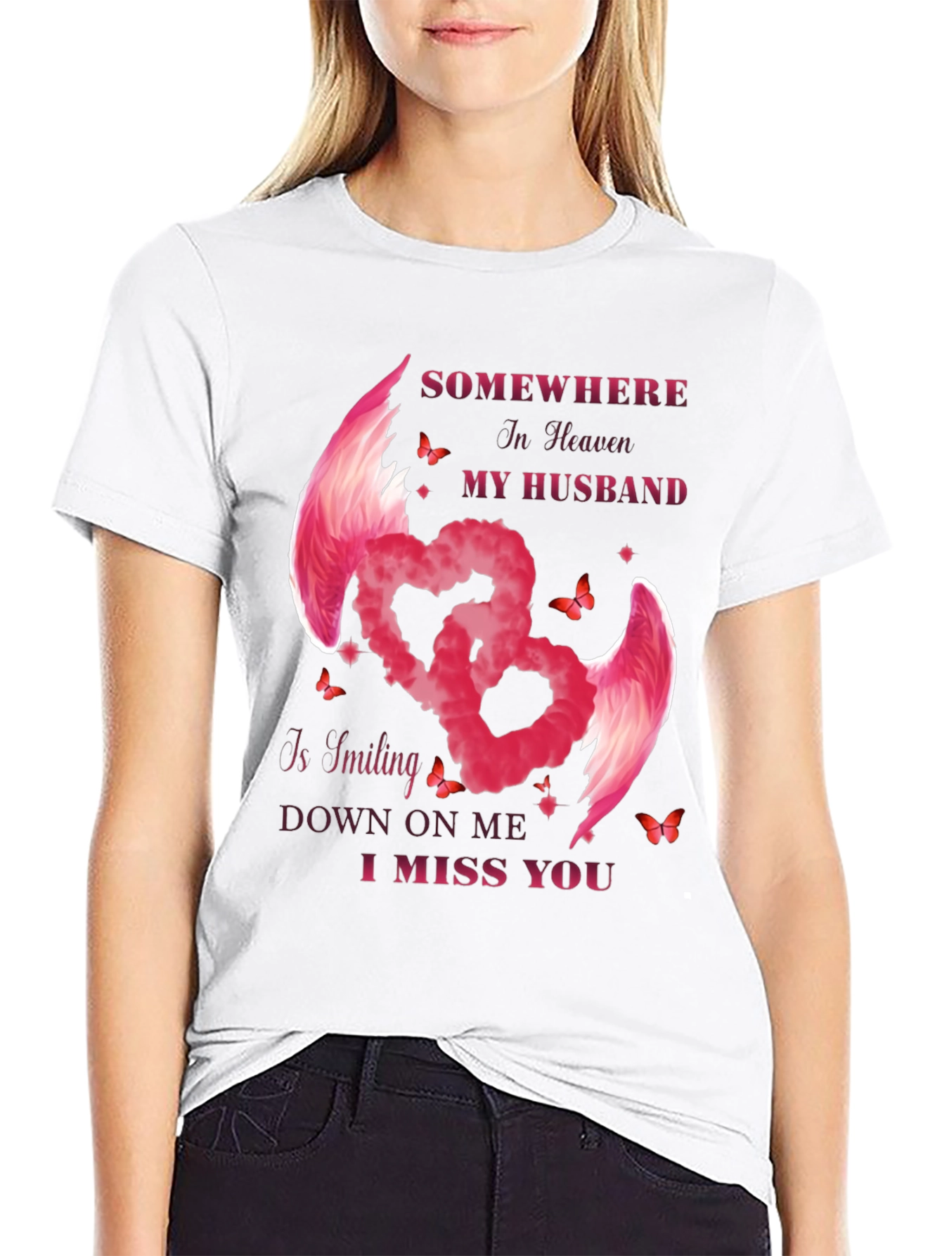 Husband Memorial T-Shirt - Angel Wings Heart Design
