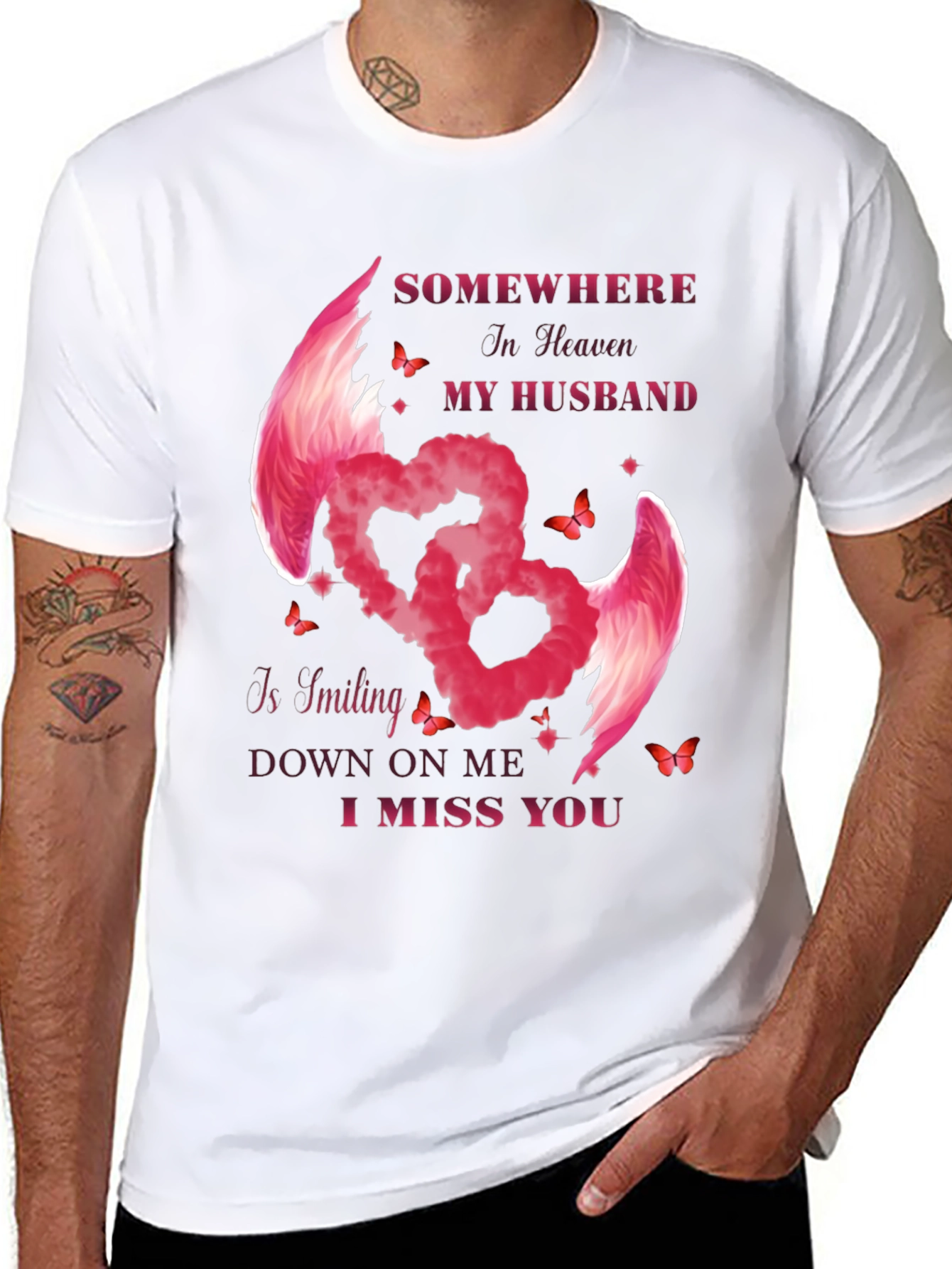 Husband Memorial T-Shirt - Angel Wings Heart Design