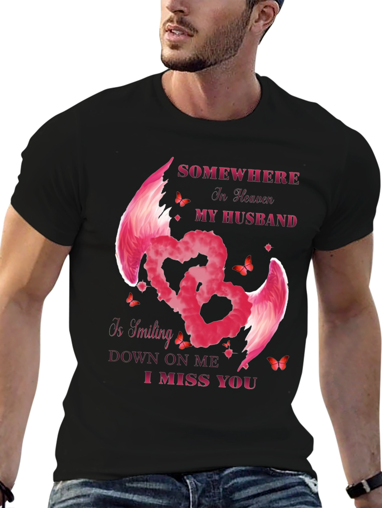 Husband Memorial T-Shirt - Angel Wings Heart Design