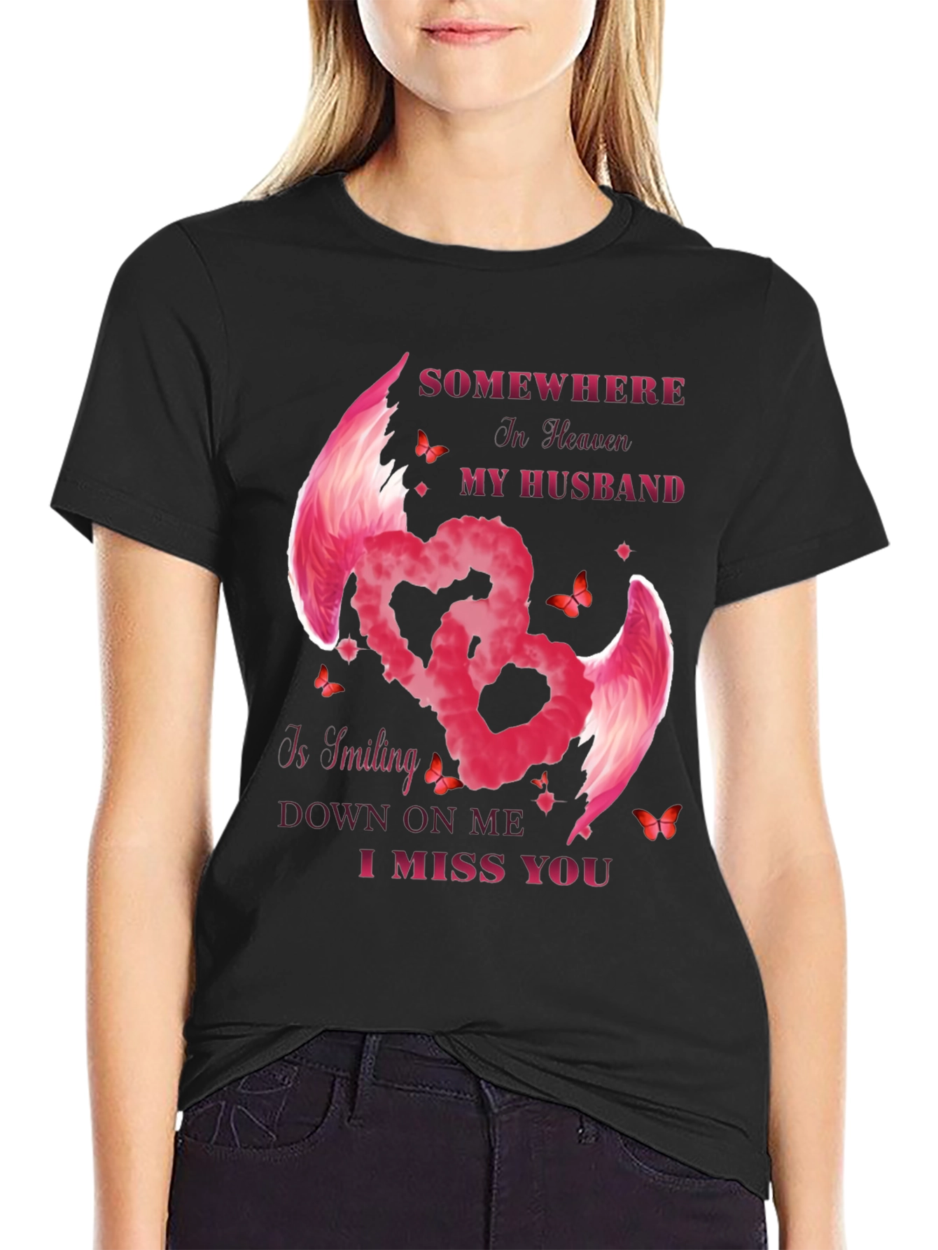 Husband Memorial T-Shirt - Angel Wings Heart Design