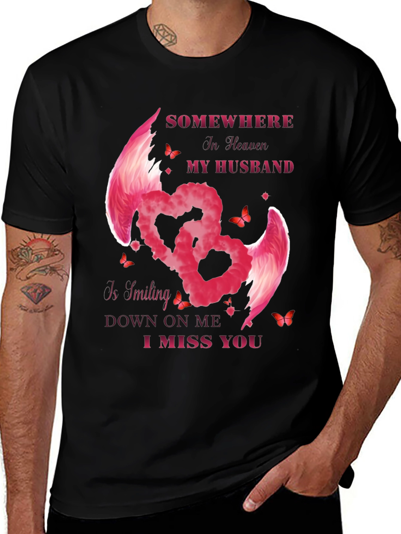Husband Memorial T-Shirt - Angel Wings Heart Design