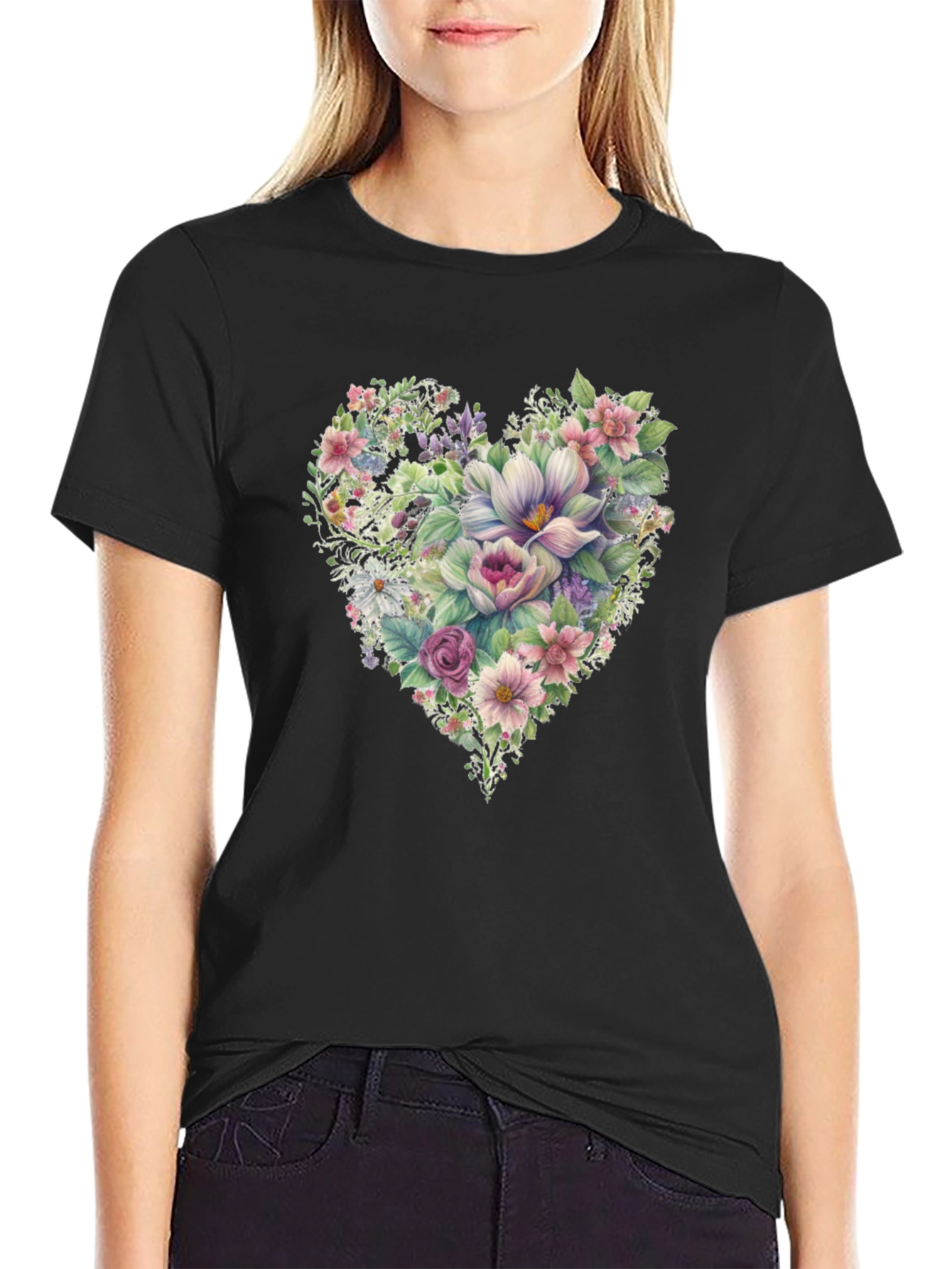 Floral Heart T-Shirt - Black