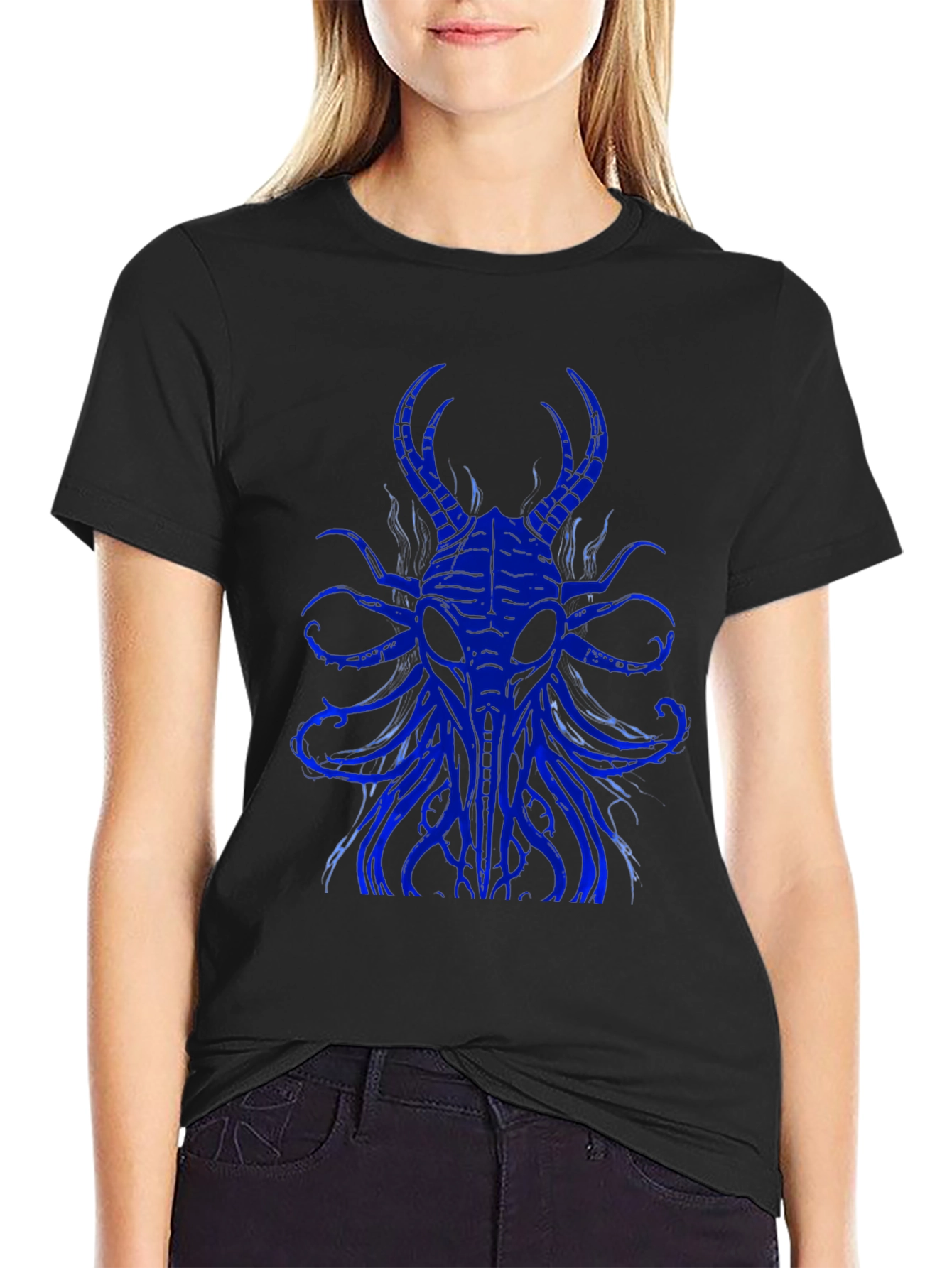 Mens Black T-Shirt with Blue Cthulhu Graphic