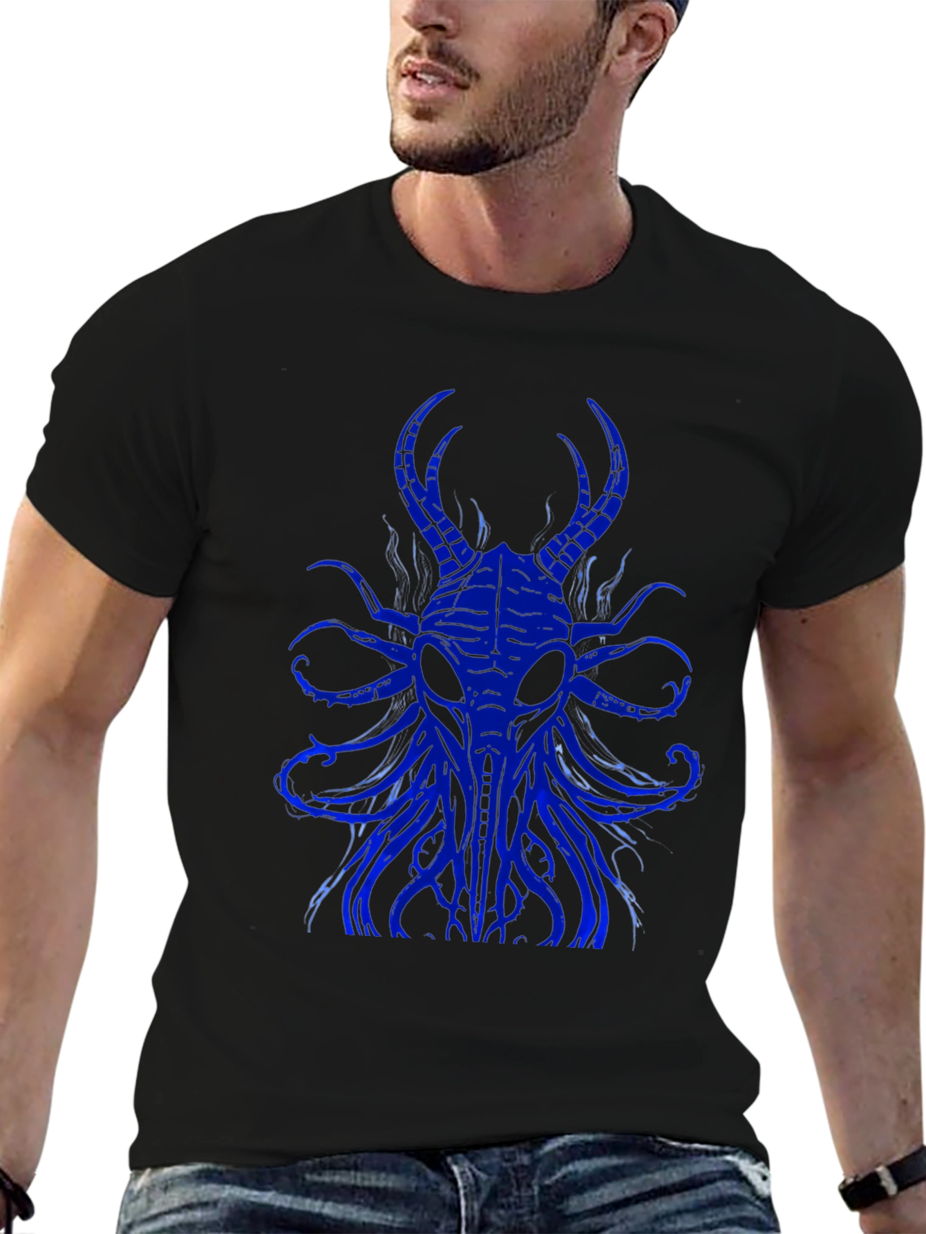Mens Black T-Shirt with Blue Cthulhu Graphic