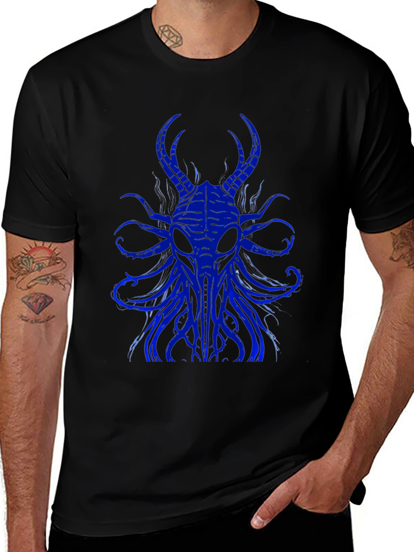 Mens Black T-Shirt with Blue Cthulhu Graphic