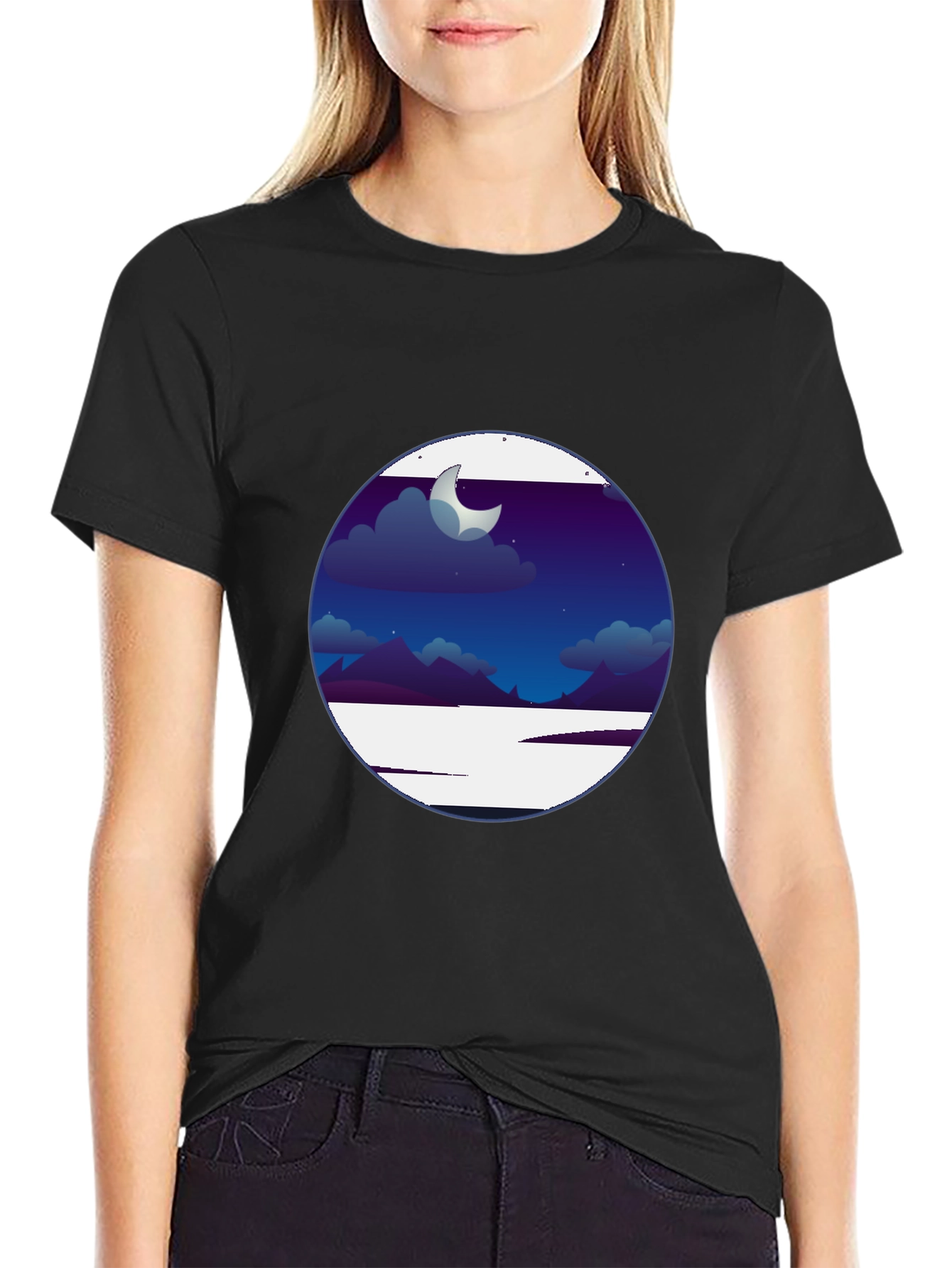 Nightscape Graphic Tee - Crescent Moon Scene