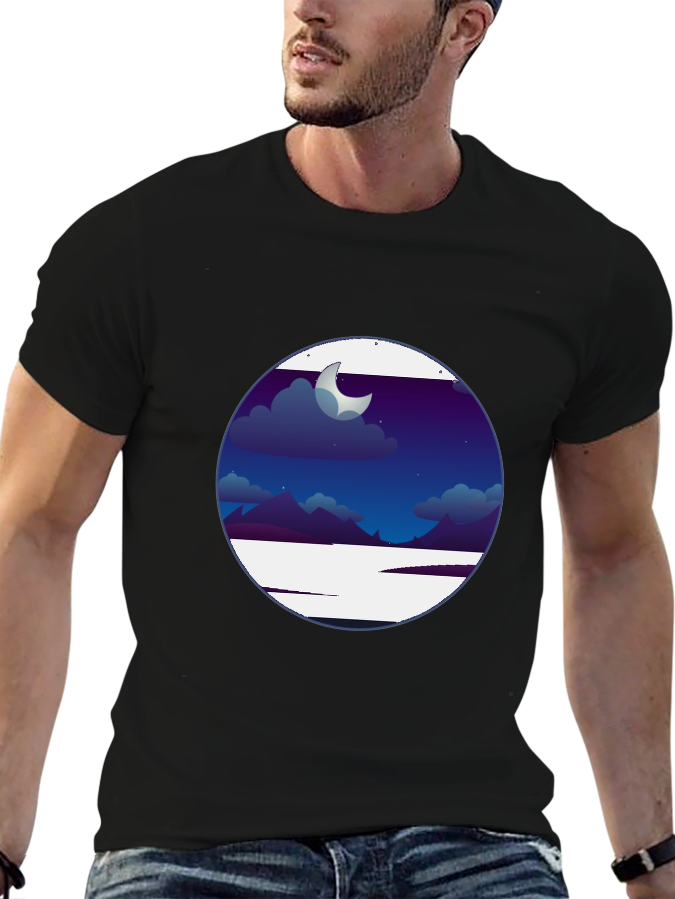 Nightscape Graphic Tee - Crescent Moon Scene