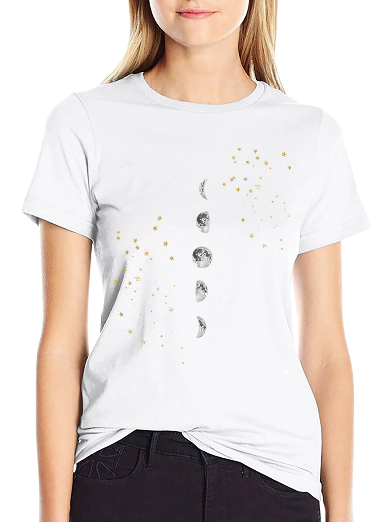Lunar Phase & Starry Sky Graphic Tee - Black